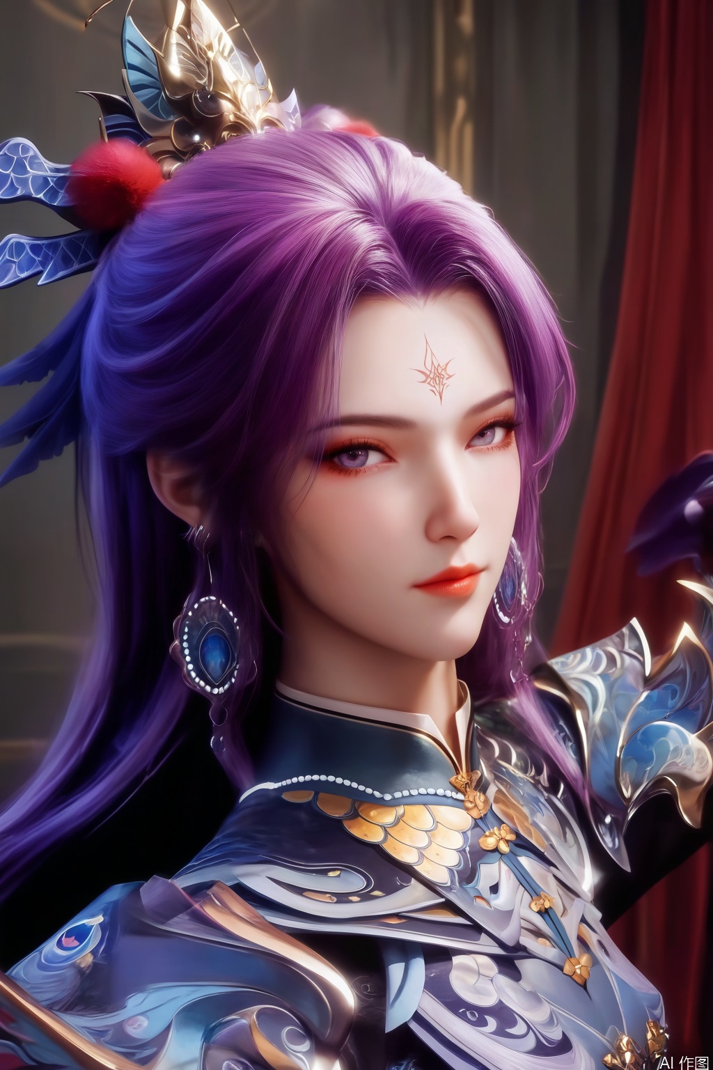 score_9_up,score_8_up,score_7_up,(Masterpiece, Best Quality, High Resolution, 8K Raw),absurdres, highres, Expressiveh,
1girl, solo, long hair, looking at viewer, hair ornament, jewelry, closed mouth, purple hair, earrings, makeup, facial mark, portrait, forehead mark, illustration,CG,