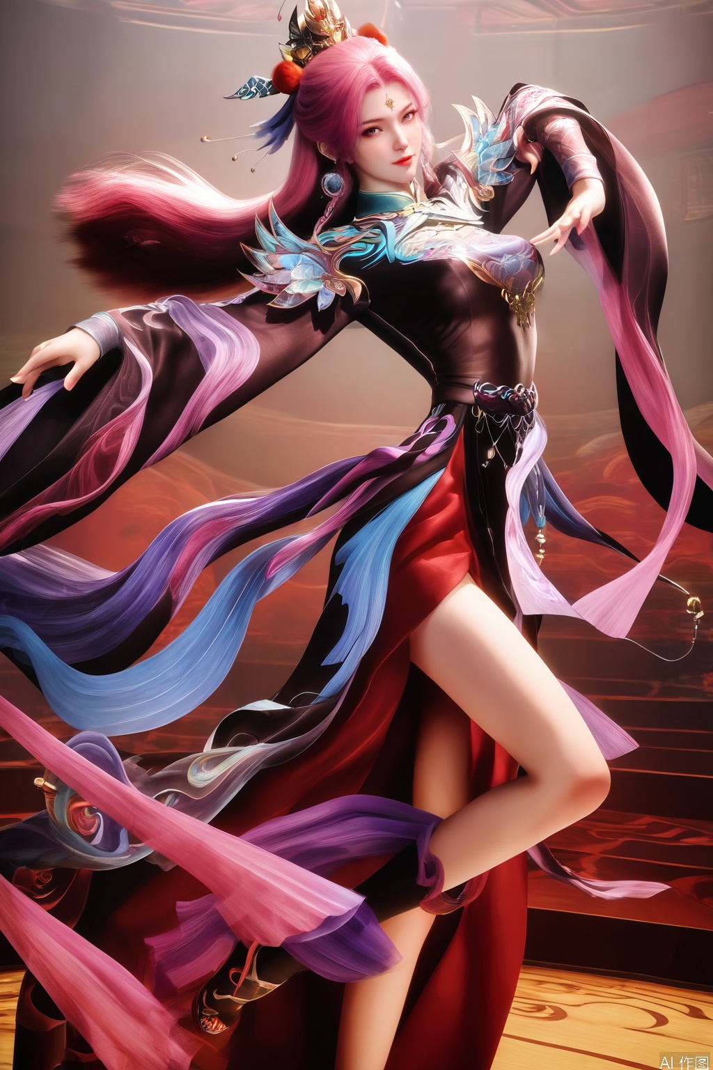 score_9_up,score_8_up,score_7_up,(Masterpiece, Best Quality, High Resolution, 8K Raw),absurdres, highres, Expressiveh,
1girl, solo, long hair, looking at viewer, hair ornament, dress, jewelry, standing, pink hair, chinese clothes, standing on one leg, dancing, illustration,CG,