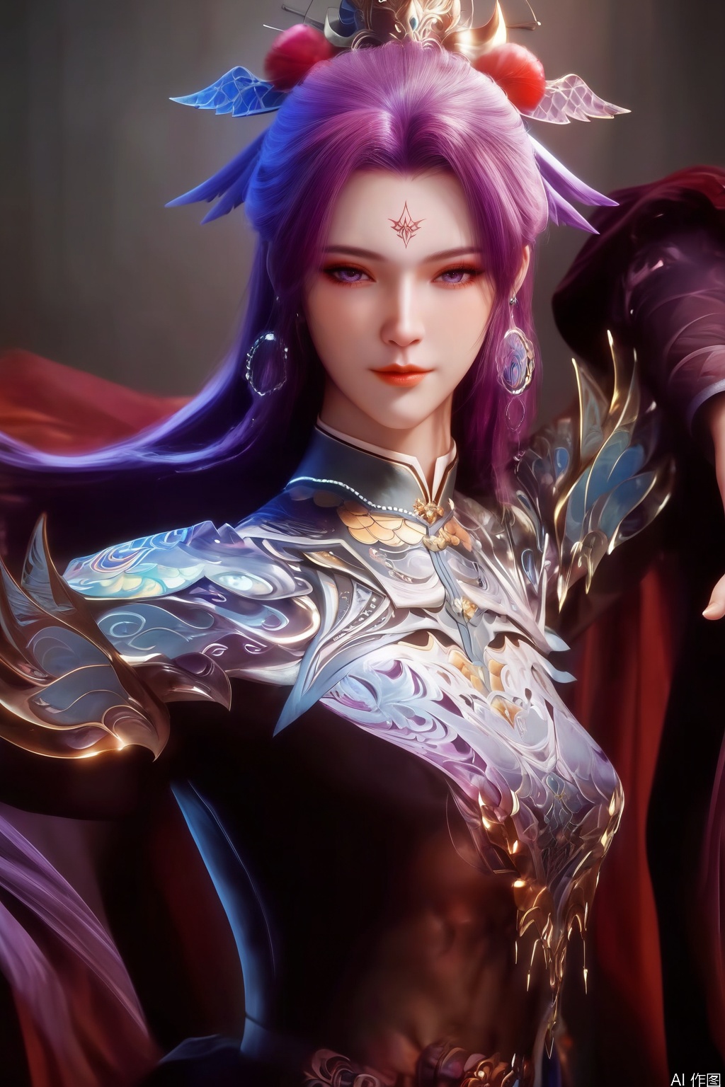 score_9_up,score_8_up,score_7_up,(Masterpiece, Best Quality, High Resolution, 8K Raw),absurdres, highres, Expressiveh,
1girl, solo, long hair, looking at viewer, hair ornament, jewelry, closed mouth, purple hair, earrings, makeup, facial mark, portrait, forehead mark, illustration,CG,