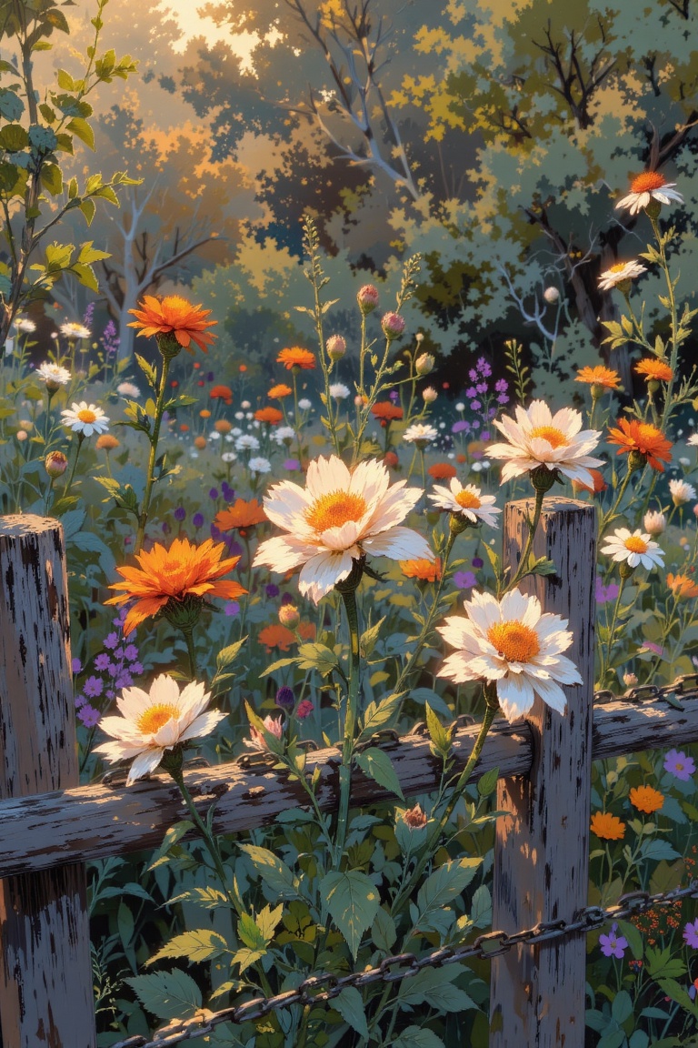 The image depicts a serene outdoor scene with a variety of flowers and a wooden fence. The fence is made of weathered wood...