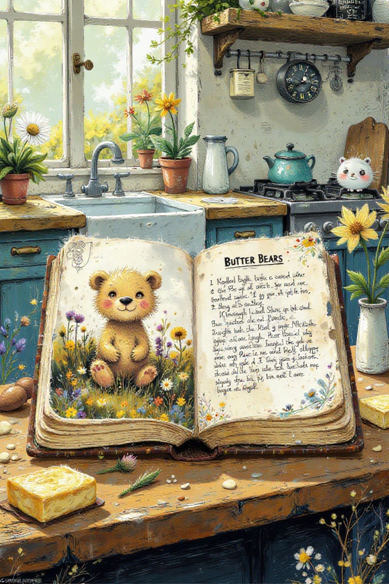 An open,  vintage recipe book rests on a kitchen counter,  its pages slightly stained with butter and time. The faded page...