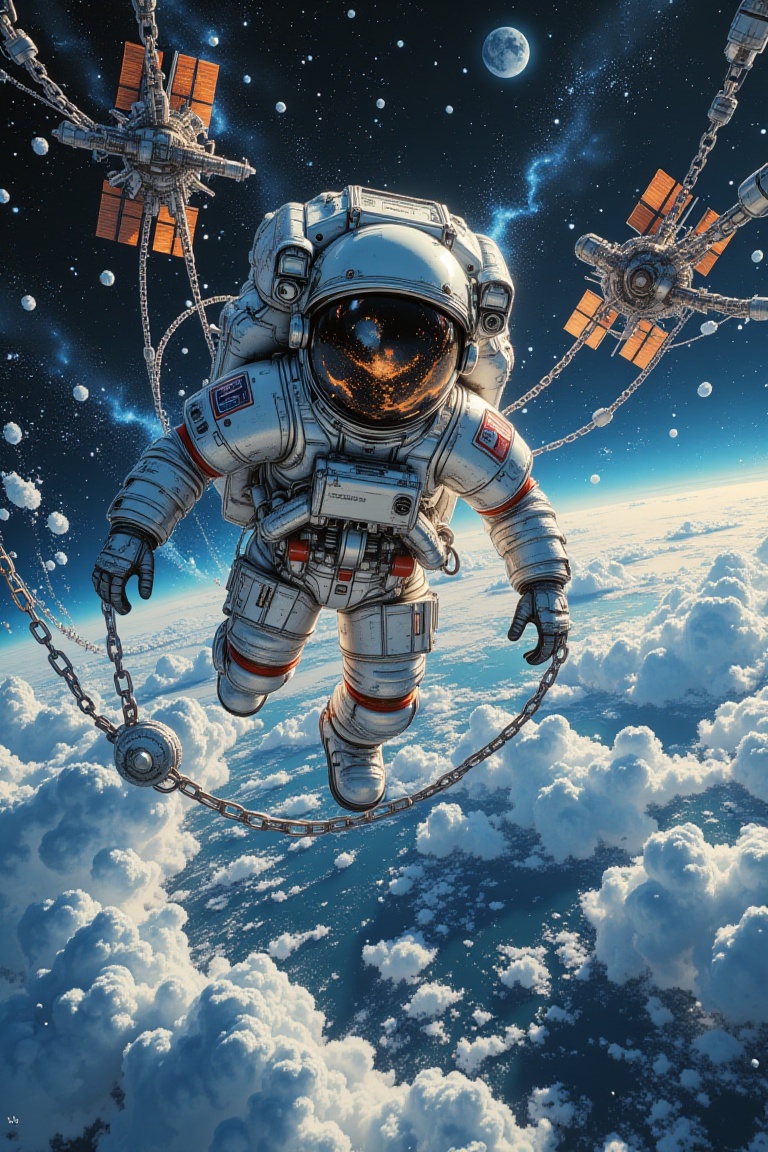 highdefinition images、Kirby's Dream Land、Kirby chains the ISS space station back to Earth in outer space,  animated,  fant...