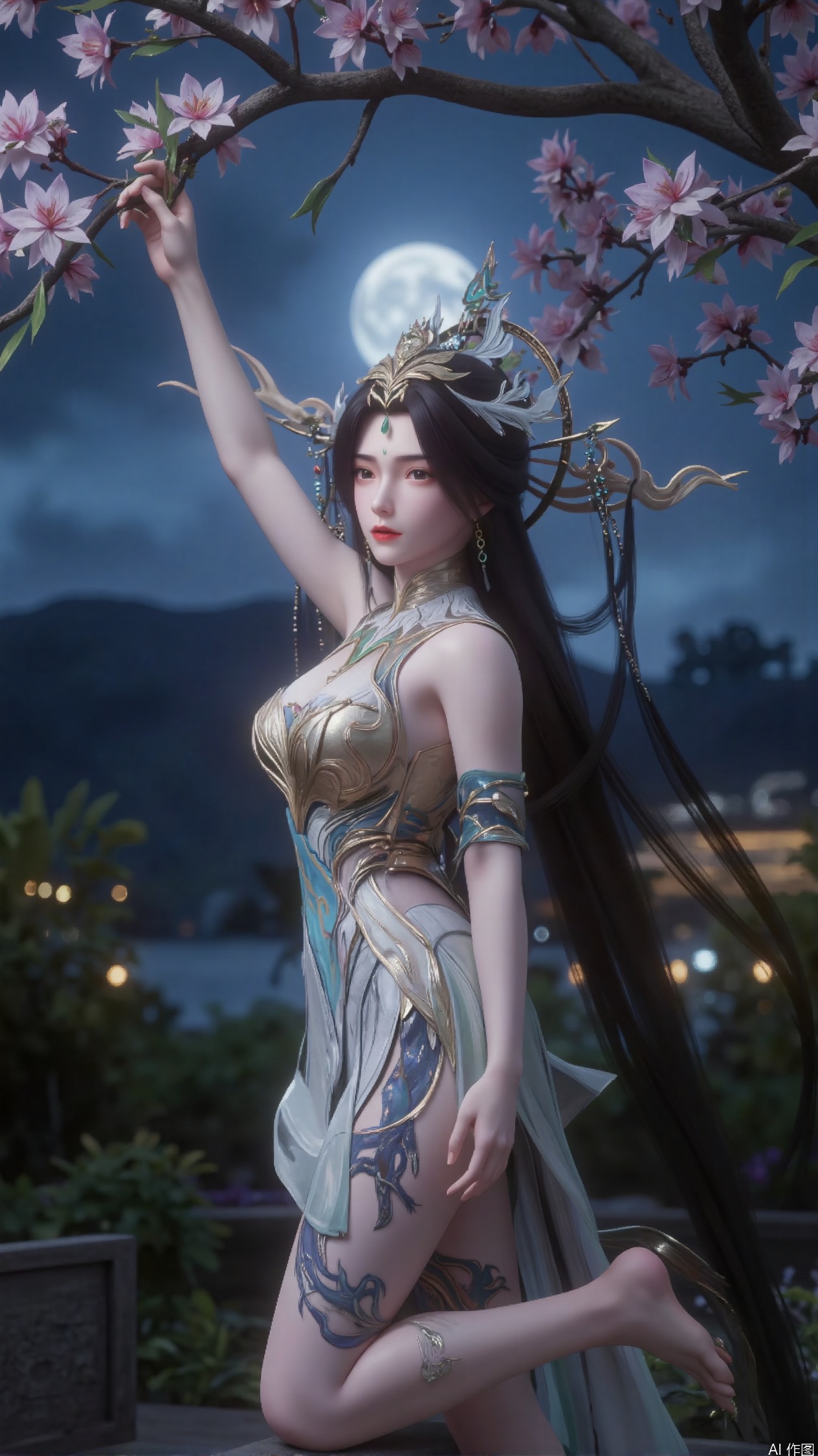 Against the moonlit backdrop of the royal garden, a girl with long, straight black hair stood, one leg bent over her knee, the other out, as if ready to jump. She wore a modern qipao, a high-necked crop top and a short, flowing skirt that accentuated her thighs. The dragon tattoo on her thigh glistens in the moonlight, and as she reaches out to pluck a flower from a cherry tree, her gesture blends serene grace with subtle power.