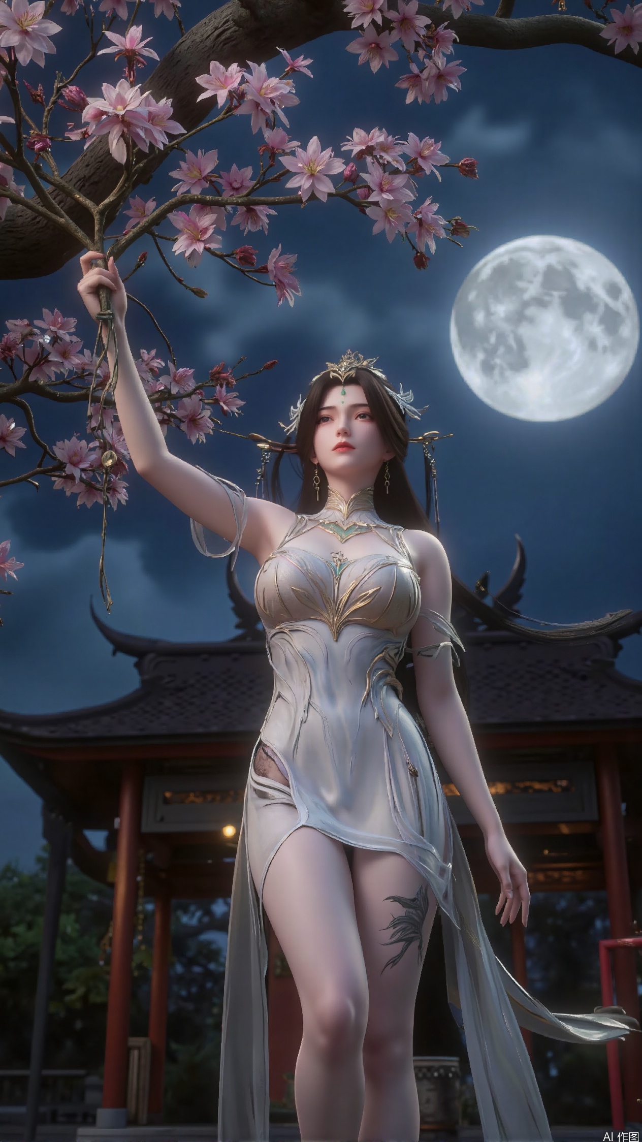 Against the moonlit backdrop of the royal garden, a girl with long, straight black hair stood, one leg bent over her knee, the other out, as if ready to jump. She wore a modern qipao, a high-necked crop top and a short, flowing skirt that accentuated her thighs. The dragon tattoo on her thigh glistens in the moonlight, and as she reaches out to pluck a flower from a cherry tree, her gesture blends serene grace with subtle power.