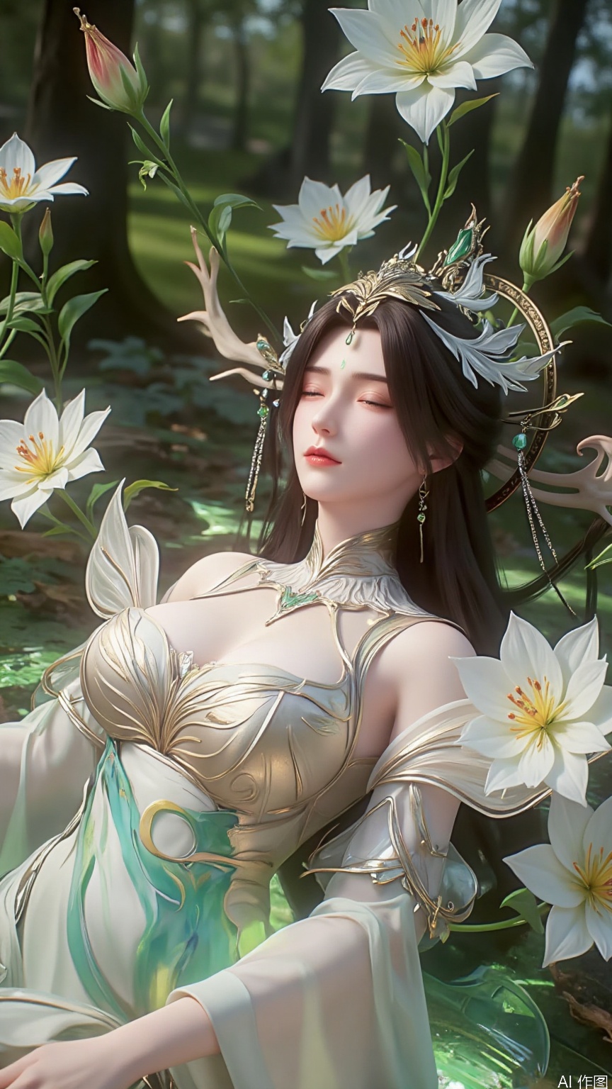The Willow God, in her human form, lies gracefully amidst a sea of dreamlike flowers. Her form is that of a lithe and beautiful being, clad in a flowing robe of the purest white, its fabric as light as mist and shimmering with an otherworldly sheen. Delicate tendrils of her hair, a mix of emerald green and soft silver, fan out around her, blending with the petals that surround her.
 
Her eyes are closed, lashes like dark fans resting against her pale, porcelain skin. A serene expression graces her features, as if lost in a deep, peaceful reverie. Wisps of chaotic energy, like gossamer threads, curl around her body, giving off a soft, iridescent glow that illuminates the surrounding flowers.
 
The flowers themselves are a riot of colors, their petals glowing with an inner light. Some are as large as plates, their centers filled with a liquid gold that seems to pulse with a life of its own. Others are tiny, delicate blooms, their petals so fine they are almost translucent. The air is thick with their sweet fragrance, a heady perfume that seems to carry the essence of the forest itself.
 
Around her, the trees of the forest rise like ancient sentinels, their branches reaching towards the sky. Dappled sunlight filters through the leaves, casting patterns of light and shadow on the ground. Soft, gentle breezes stir the flowers, causing them to sway and rustle, creating a soothing melody that seems to lull the Willow God further into her peaceful slumber. The entire scene is one of tranquility and beauty, a vision straight out of a fairy tale.