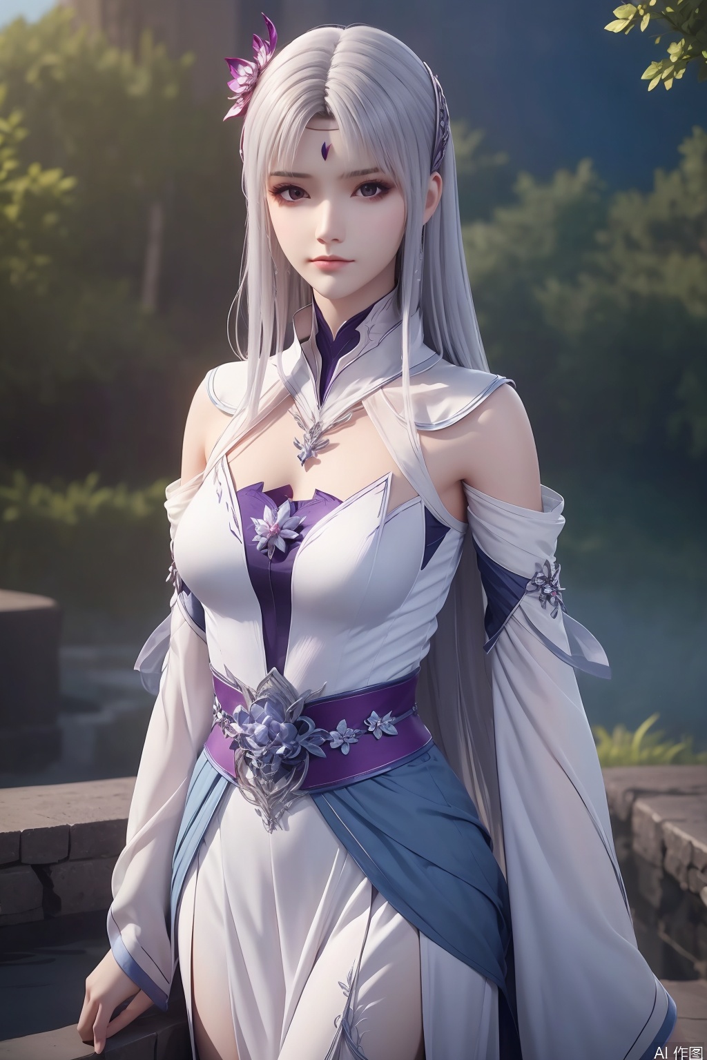 1girl, solo, long hair, looking at viewer, hair ornament, dress, white hair, detached sleeves, white dress, forehead mark, masterpiece,best quality,official art,extremely detailed CG unity 8k wallpaper,