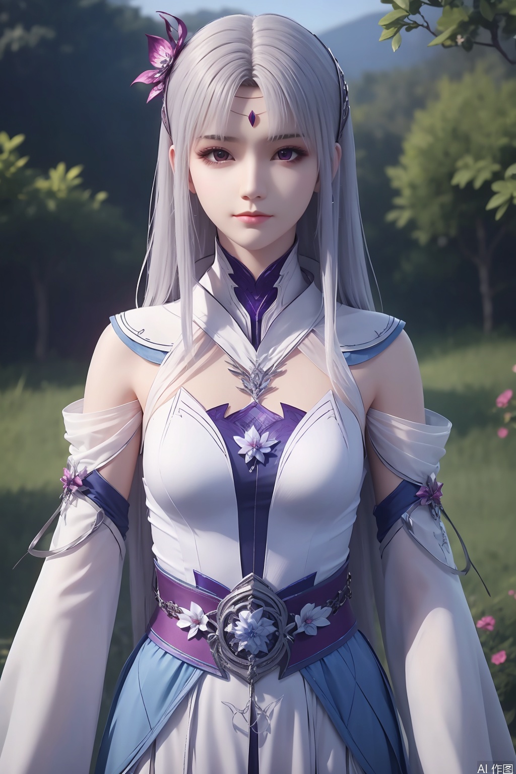 1girl, solo, long hair, looking at viewer, hair ornament, dress, white hair, detached sleeves, white dress, forehead mark, masterpiece,best quality,official art,extremely detailed CG unity 8k wallpaper,