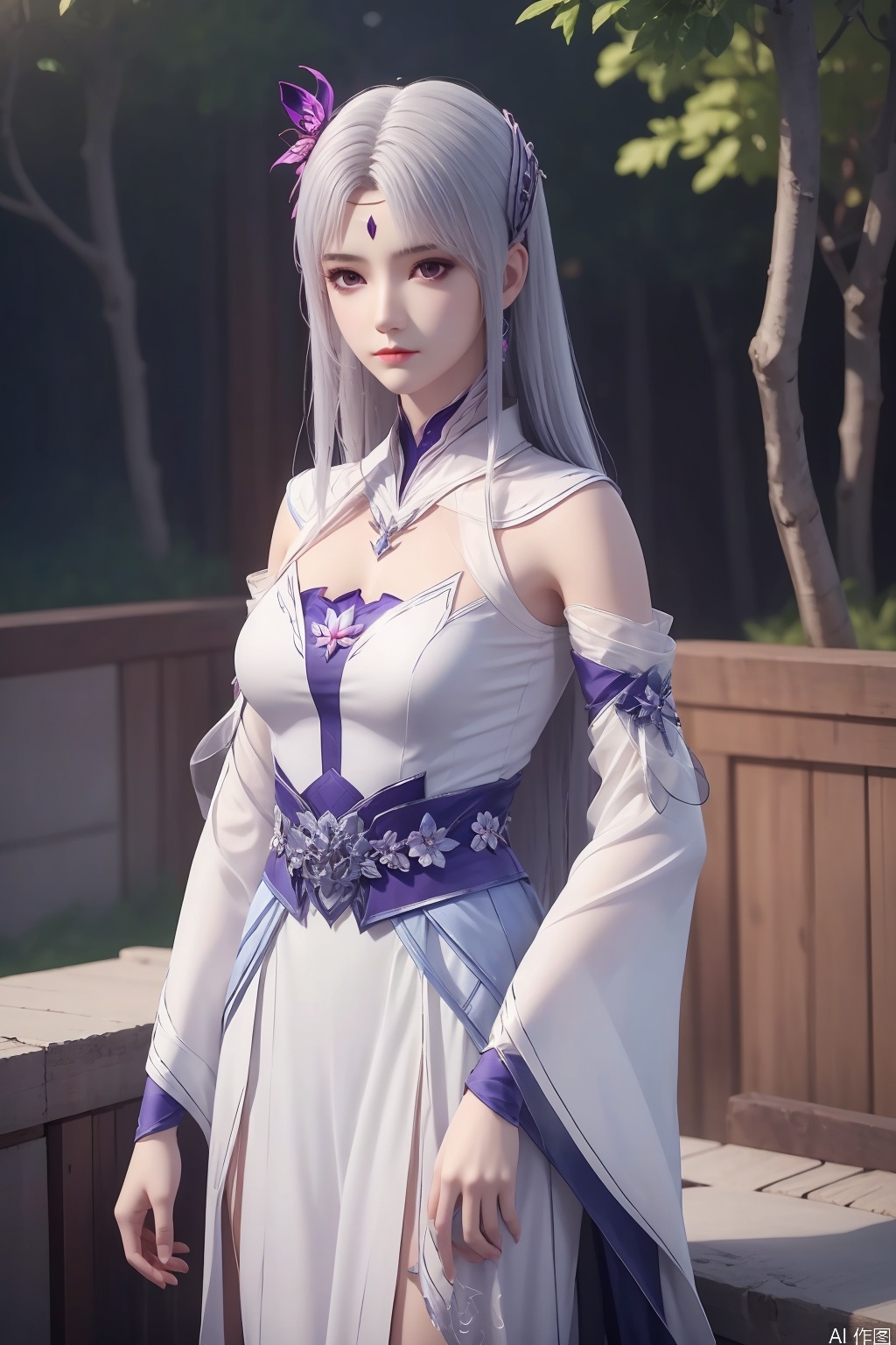 1girl, solo, long hair, looking at viewer, hair ornament, dress, white hair, detached sleeves, white dress, forehead mark, masterpiece,best quality,official art,extremely detailed CG unity 8k wallpaper,