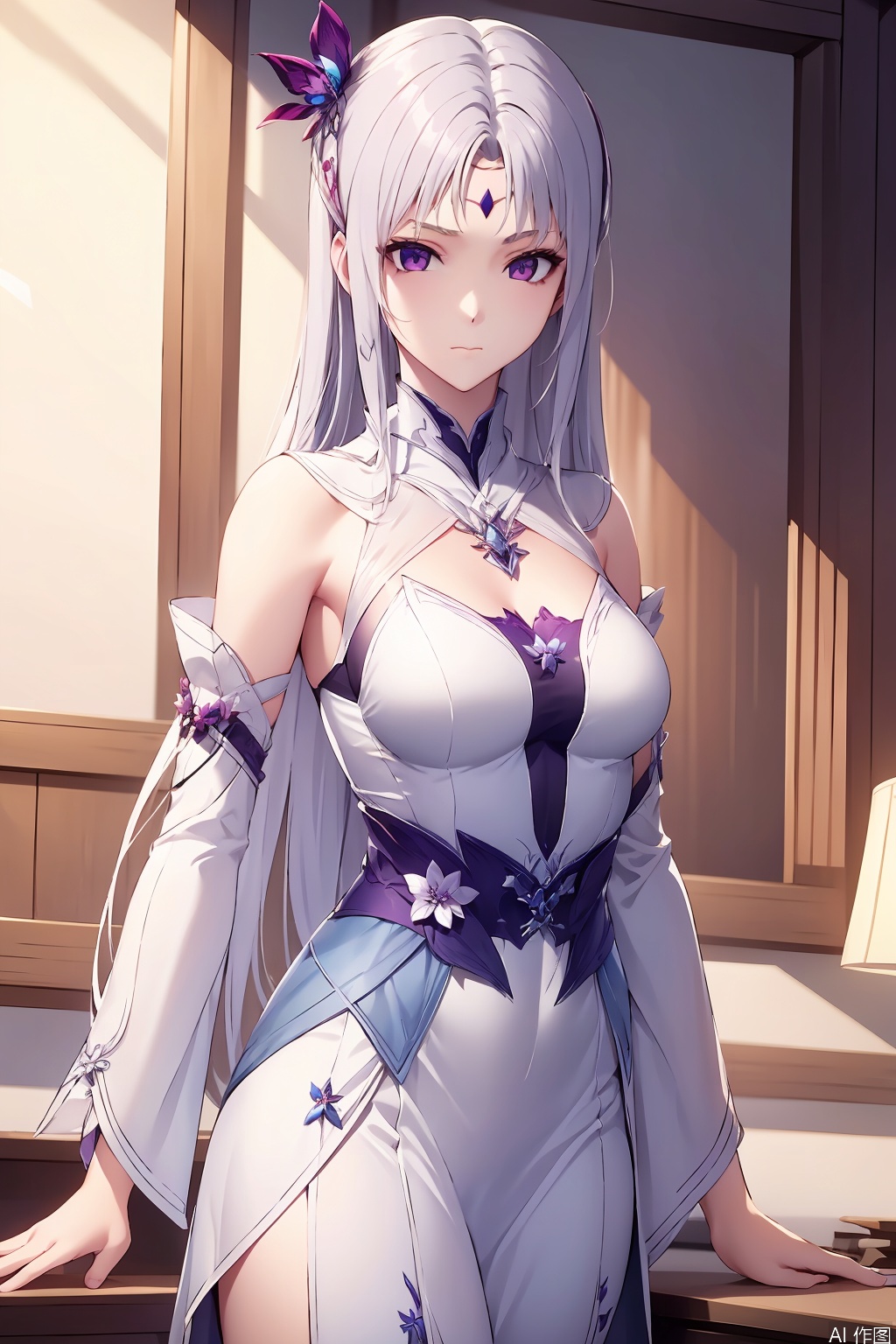 1girl, solo, long hair, looking at viewer, hair ornament, dress, white hair, detached sleeves, white dress, forehead mark, masterpiece,best quality,official art,extremely detailed CG unity 8k wallpaper,