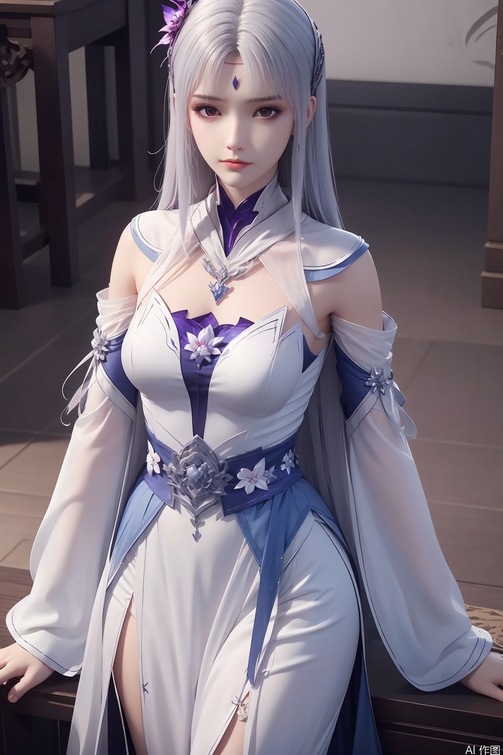 1girl, solo, long hair, looking at viewer, hair ornament, dress, white hair, detached sleeves, white dress, forehead mark, masterpiece,best quality,official art,extremely detailed CG unity 8k wallpaper,
