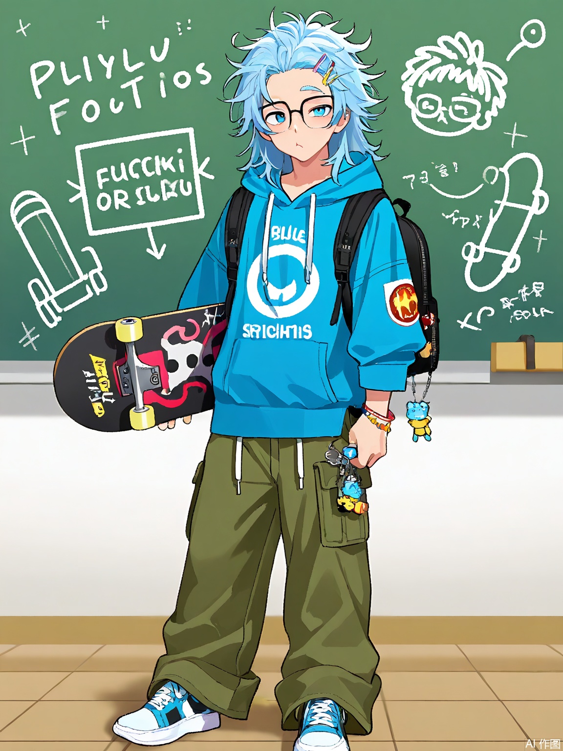 1boy (adjusted for gender), sky blue eyes, messy spiky hair with pencil clip, solo, mischievous wink, glasses on forehead, medium hair, backpack with patches, playful look, friendship bracelet, hoodie and cargo pants, pouting lips, keychain charm, holding skateboard, doodles and equations, light green chalkboard background, sneakers