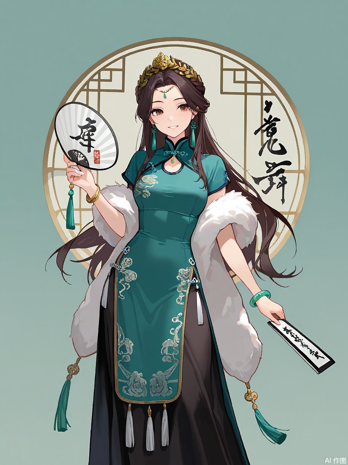 1girl, hazel eyes, braided crown with silver coins, solo, warm smile, tassel earrings, long hair, embroidered tote, direct gaze, bangle bracelets, traditional qipao dress, parted lips, jade pendant, holding fan with peony design, Chinese calligraphy, muted teal background, silk slippers