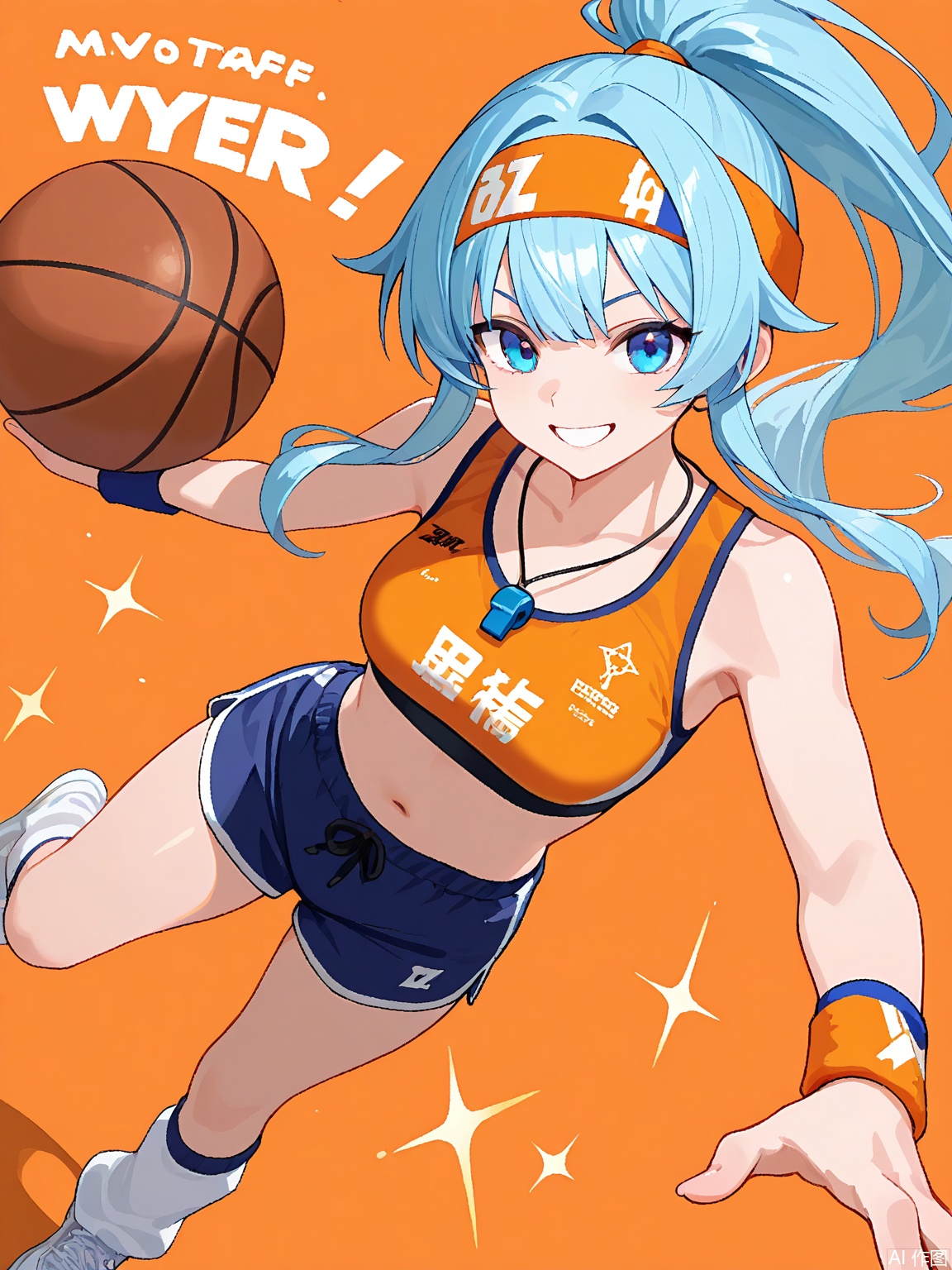 1girl, bright blue eyes, high ponytail with sweatband, solo, energetic grin, headband with star motif, long hair, gym bag, focused gaze, silicone wristbands, sports bra and shorts, open mouth, whistle necklace, holding basketball, motivational quotes, vibrant orange background, leg warmers, sneakers

