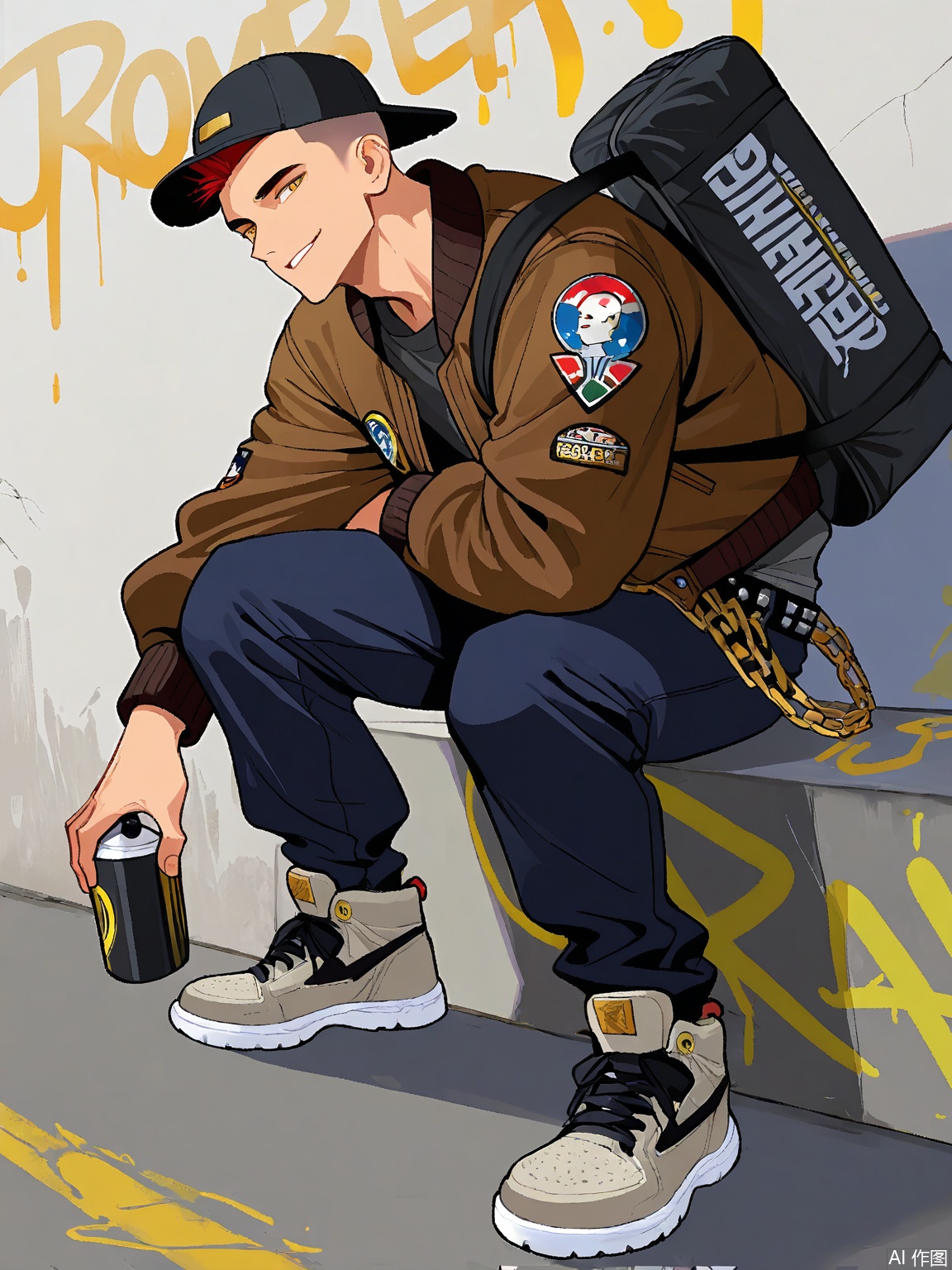 1boy (adjusted for gender), gold eyes, mohawk with undercut designs, solo, confident smirk, snapback hat backwards, short hair, duffel bag with graffiti, forward gaze, layered chains, bomber jacket and joggers, parted lips, studded belt, holding spray paint can, urban mural sketches, gray concrete background, chunky sneakers