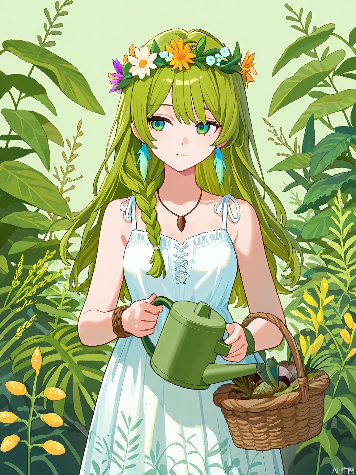 1girl, sea green eyes, loose waves with flower crown, solo, peaceful expression, feather earring, medium-length hair, woven basket with wildflowers, downward glance, braided leather bracelet, sundress with leaf patterns, closed mouth, seed pod necklace, holding watering can, botanical illustrations, soft moss green background, espadrille wedges