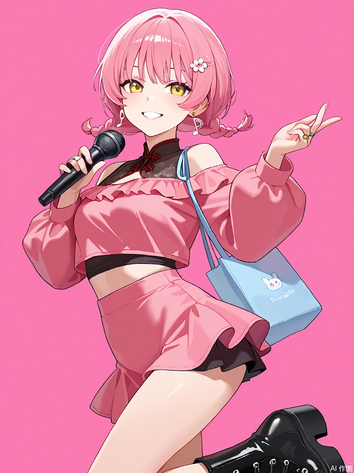 1girl, yellow eyes, twin braids, solo, cheerful grin, flower hairpin, short hair, tote bag, direct gaze, ring, off-shoulder top, parted lips, musical note earrings, holding microphone, Chinese characters, pastel pink background, mini skirt, platform boots
