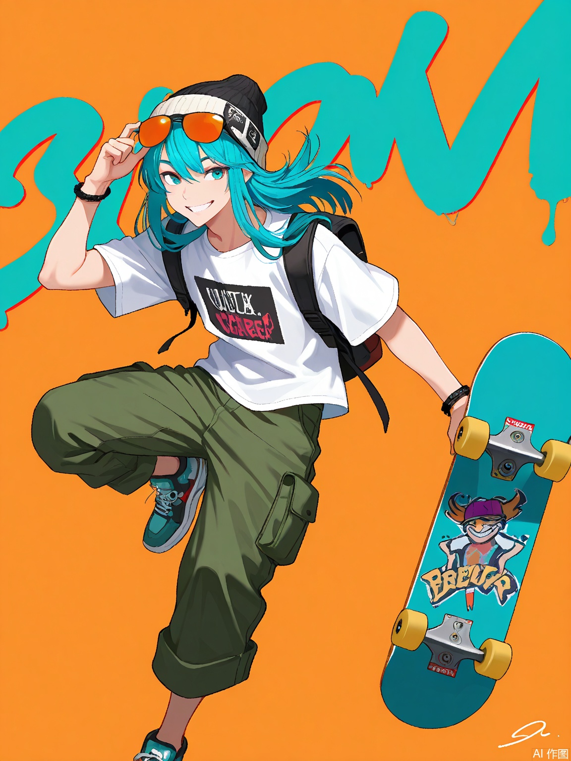 1boy (adjusted for gender), teal eyes, tousled hair, solo, relaxed grin, beanie hat, medium-length hair, backpack, casual glance, leather bracelet, graphic tee, slightly open mouth, sunglasses on head, holding skateboard, graffiti art, sunny orange background, cargo pants, sneakers