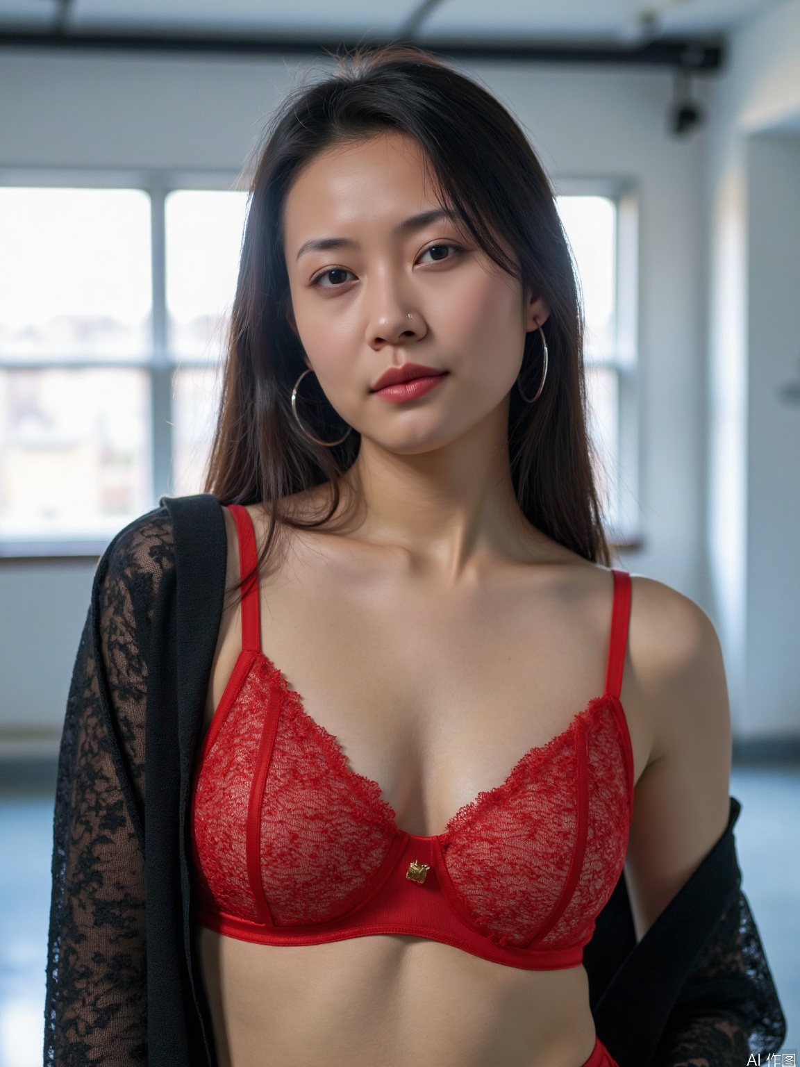 A close-up portrait of an Asian woman with long hair, wearing red lingerie, and a black lace garment. She is posing in a well-lit room with an industrial background, showcasing a soft expression..