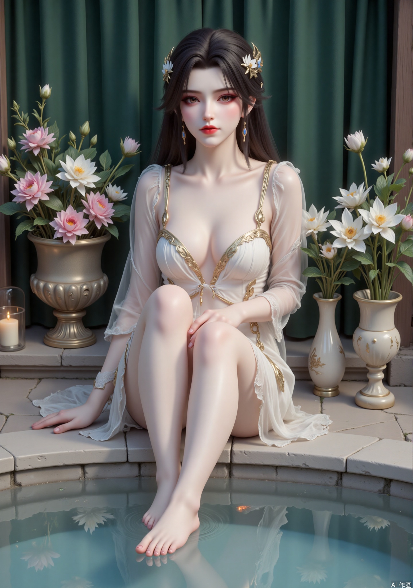 The picture shows a female image in a classical style. Her long hair is draped over her shoulders, with small white flowers adorned between her hair, delicate makeup, and flowery decorations between her eyebrows. She wore a light-colored suspender skirt with golden patterns on the hem and transparent tulle sleeves. She sat on a stone step and placed her feet in the pool. The surrounding environment was elegant. Aside from the pool were vases with pink and white flowers, lit candles and white lotus flowers. The background was green curtains, creating a quiet and beautiful atmosphere, showing the classical oriental charm, and is commonly found in ancient style illustrations, games and other works.