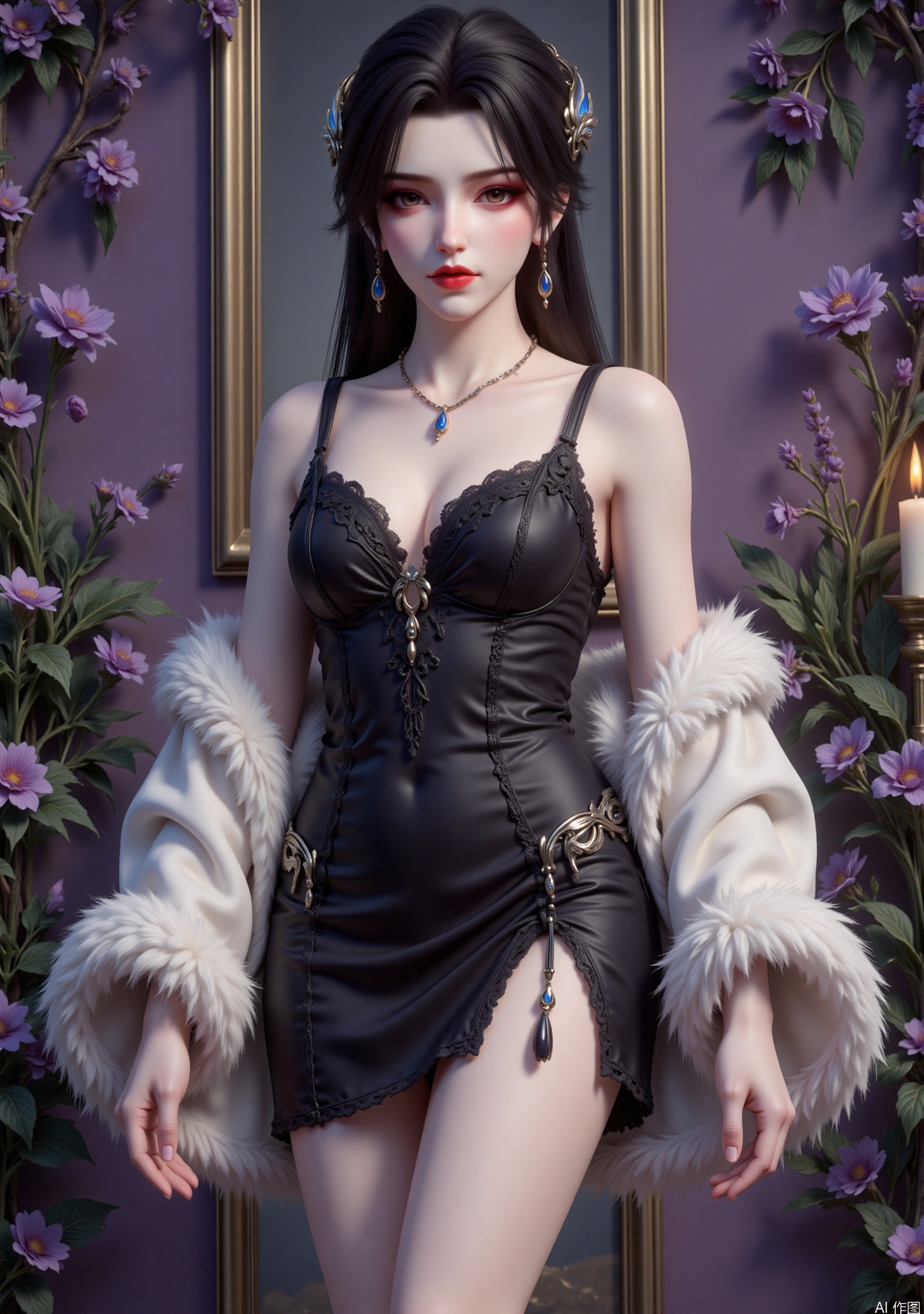 This is a uniquely styled illustration of characters. The woman in the picture has long dark black hair, delicate hairstyle, and wears accessories such as shiny necklaces and earrings. She was wearing a black suspender lace dress with a slit design that exposed her slender legs and a white plush shawl on the outside, showing her elegance and sexiness. There are purple flowers and green plants in the background, creating a mysterious and romantic atmosphere, and burning candles next to it, adding a touch of dreamy and warmth. The overall picture shows a fashionable, charming and charming style.