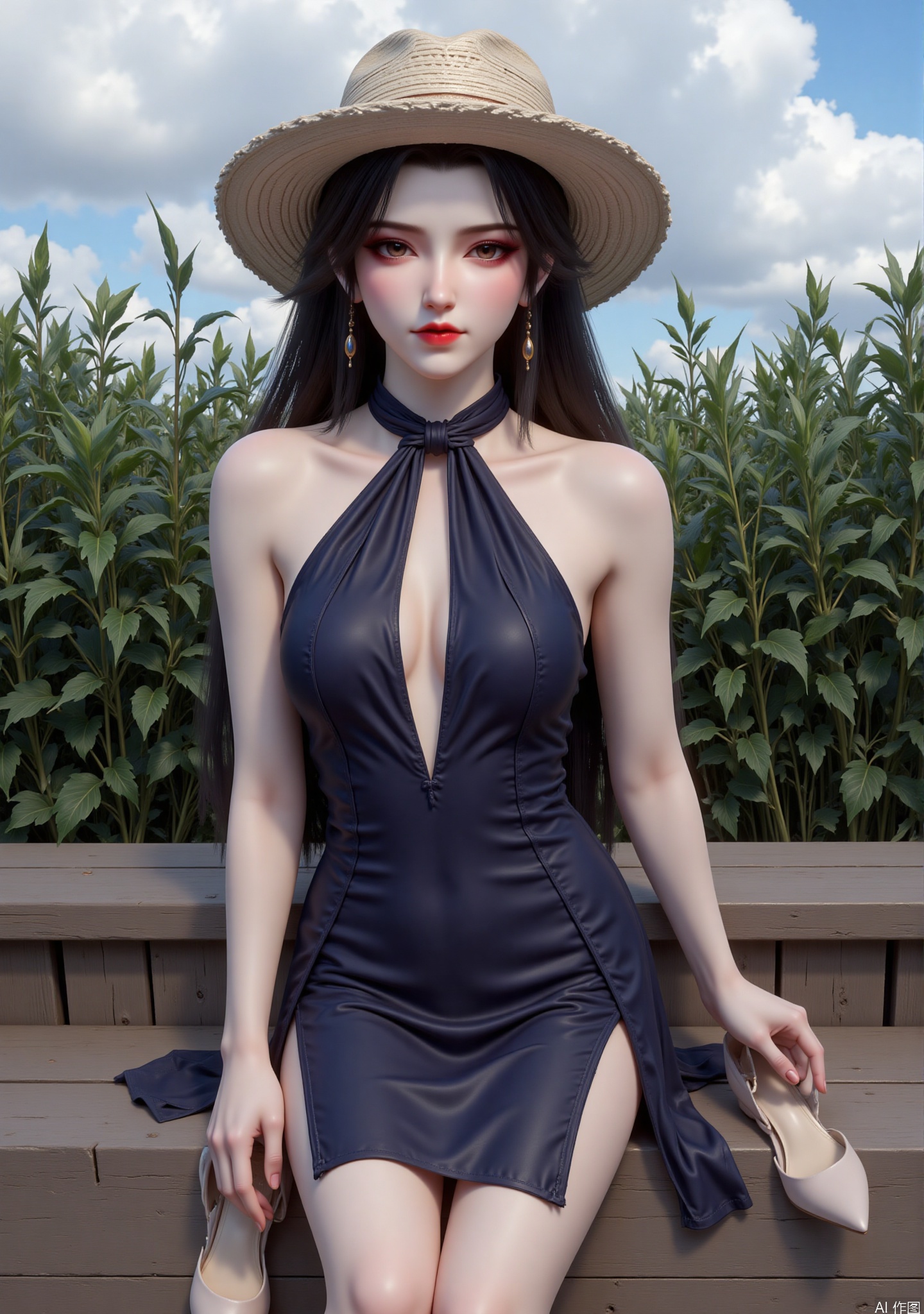 The picture shows a fashionable virtual woman. She has long black hair, a beige wide-brimmed hat, and a dark blue halter-neck dress. The skirt is uniquely designed with perspective and slit elements, revealing her slender legs, and wearing light-colored high heels on her feet. She sat on the outdoor wooden platform, with dense green plants behind her, and blue sky and white clouds in the background, creating a casual, comfortable and fashionable atmosphere as if she was enjoying the wonderful time outdoors.