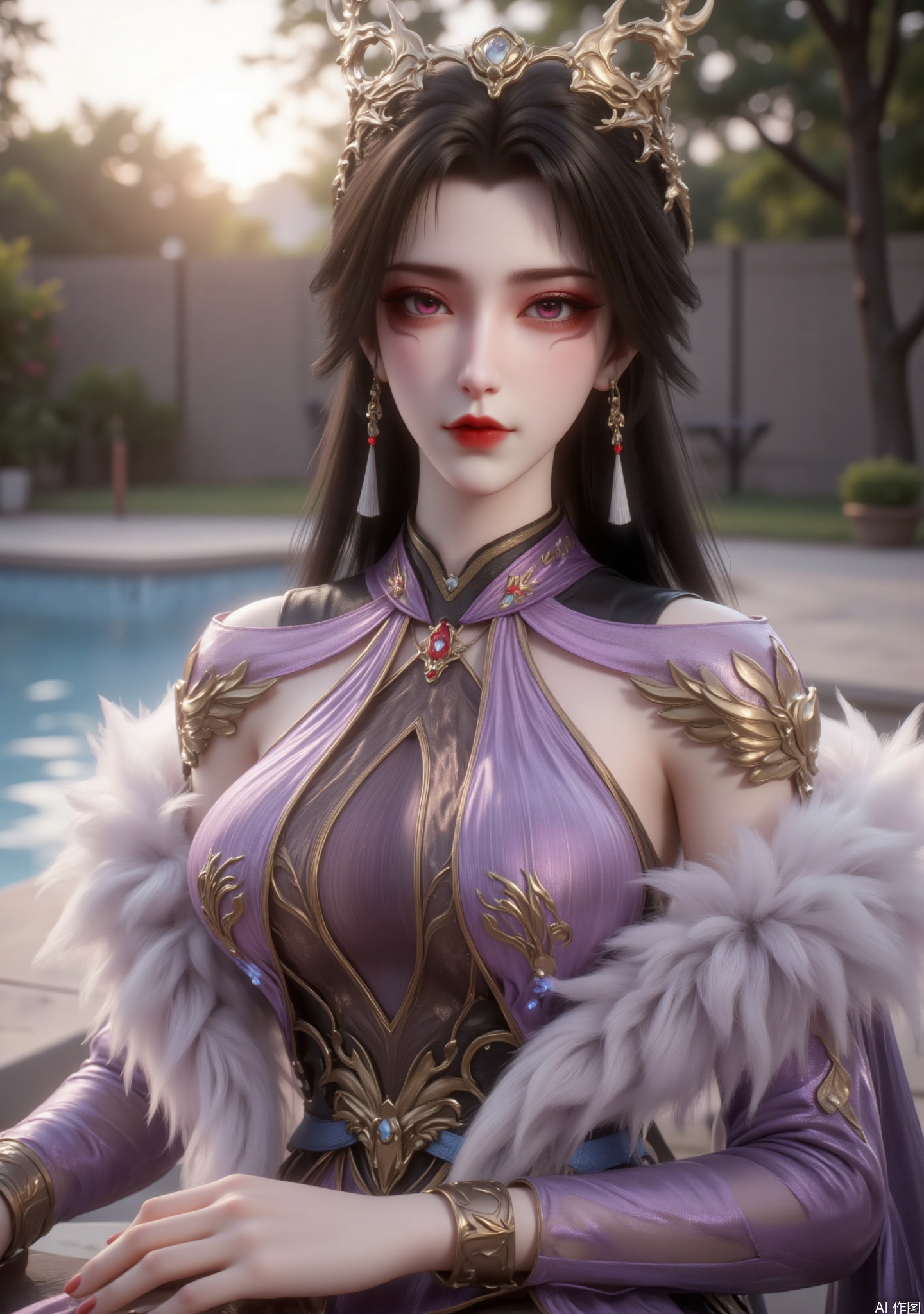 "This image depicts a woman with long dark black hair, very attractive and mature, with red eyes and a slight blush on her cheeks, wearing a golden headdress with an intricate design.

The character wears a gorgeous purple and gold outfit with delicate patterns and a fur-like accessory on her shoulders. "

She sat outdoors on a chair near the pool, and the sun shines inside behind her, giving people a relaxing and comfortable feeling. The overall picture shows a fashionable and youthful style.
