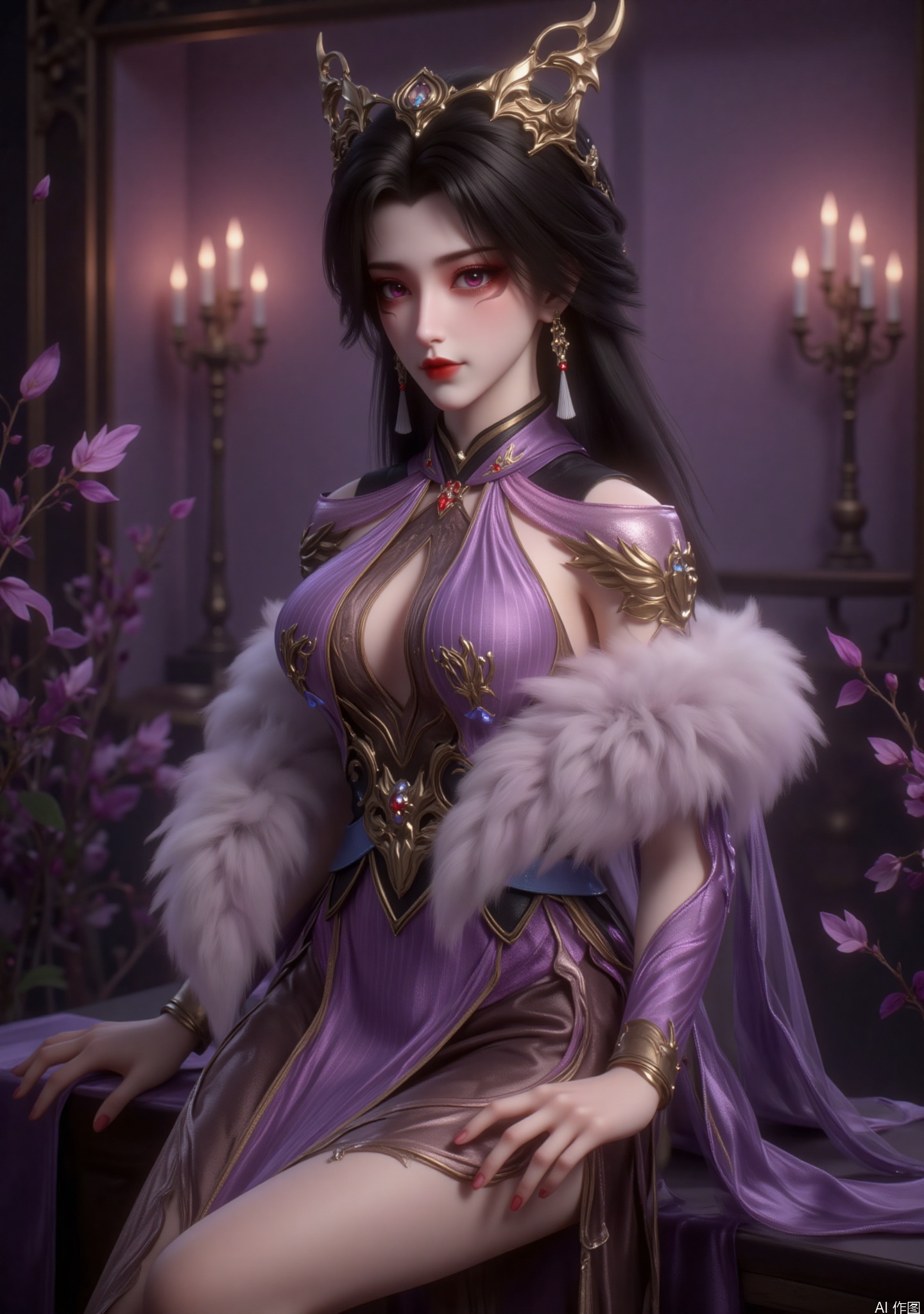 "This image depicts a woman with long dark black hair, very attractive and mature, with red eyes and a slight blush on her cheeks, wearing a golden headdress with an intricate design.

The character wears a gorgeous purple and gold outfit with delicate patterns and a fur-like accessory on her shoulders.

She sat gracefully, with one hand on her legs naturally, with soft candlelight and purple plants in the background, creating a mysterious, romantic and noble atmosphere as a whole. "