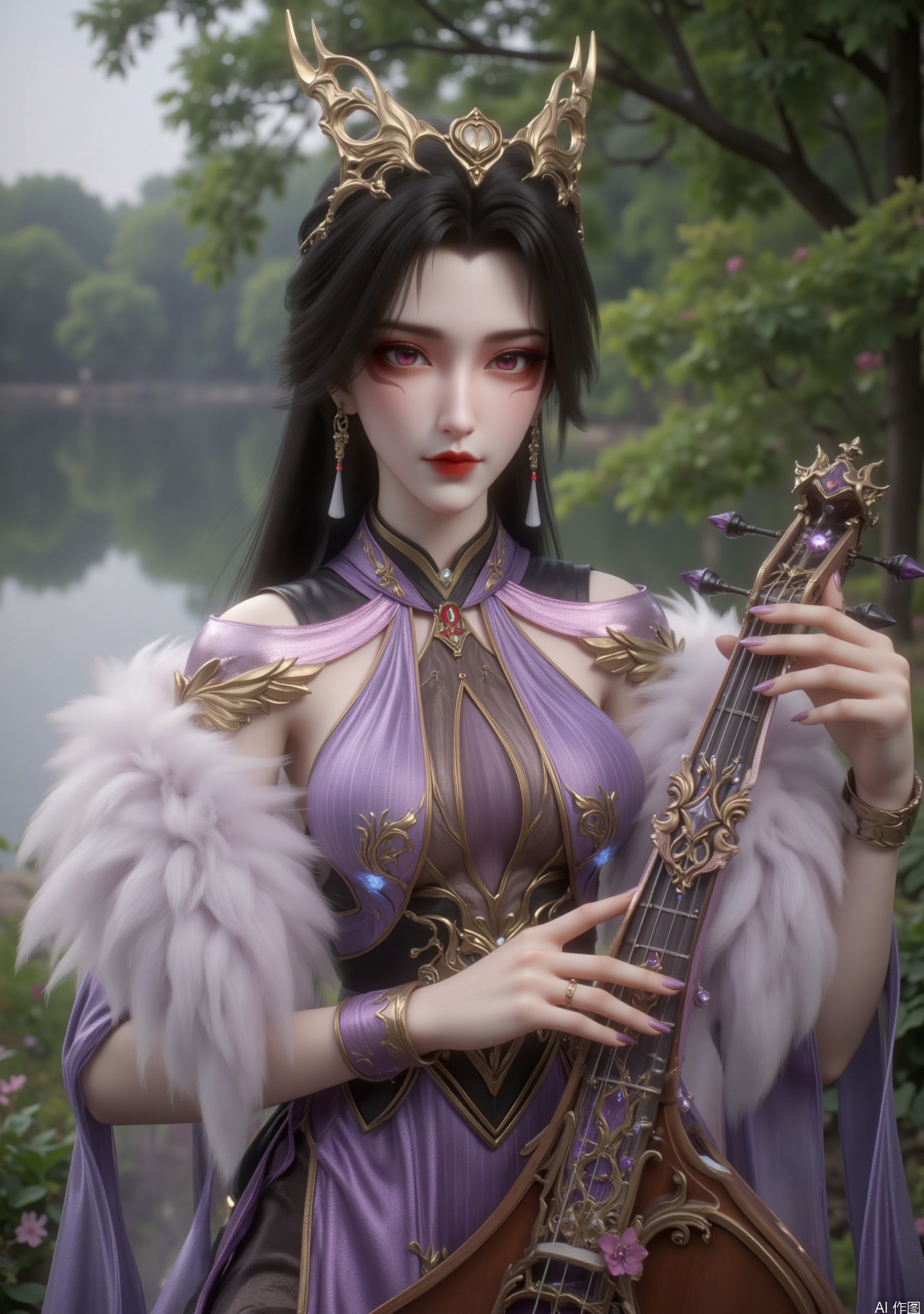 "This image depicts a woman with long dark black hair, very attractive and mature, with red eyes and a slight blush on her cheeks, wearing a golden headdress with an intricate design.

The character wears a gorgeous purple and gold outfit with delicate patterns and a fur-like accessory on her shoulders. She also has a purple-gold pearl ankle

She held a lute in her hand and sat gracefully outdoors. The background was lush green trees and waterscapes, creating a classic and elegant atmosphere, showing the gentleness and softness of oriental women. "