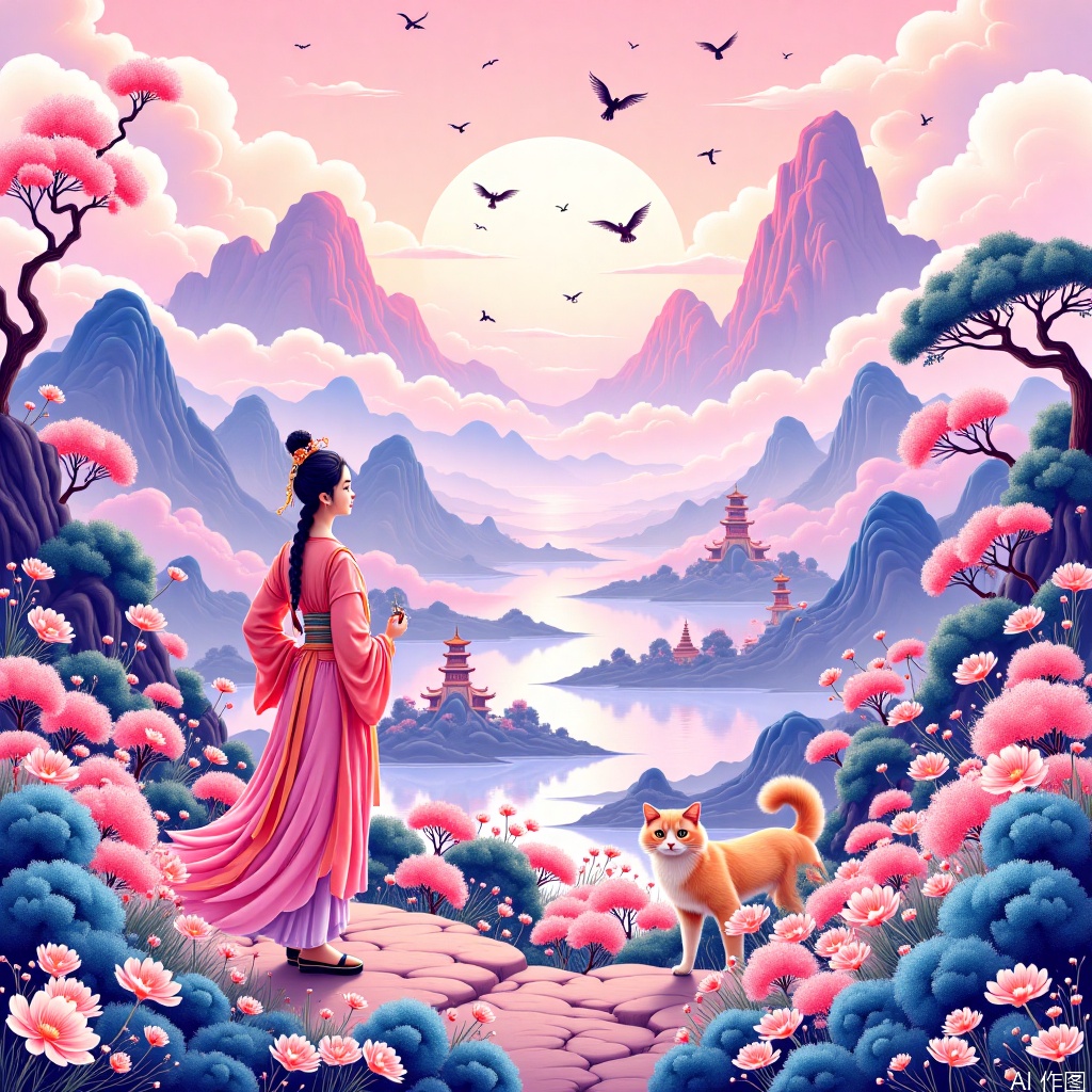 Dopamine city,Chinese painting in landscape style,Ancient costume,Giant cats and beautiful women,Chinese painting in pink main tone