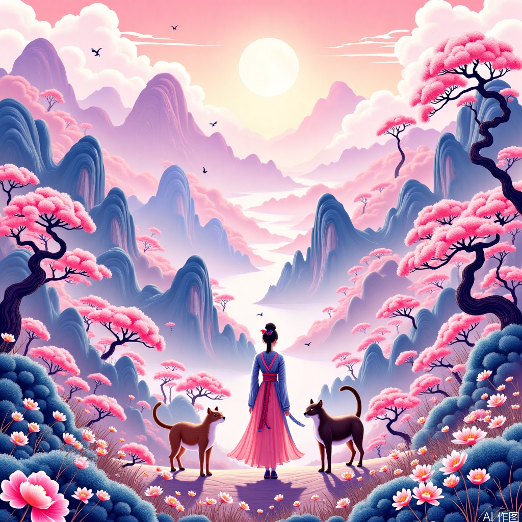 Dopamine city,Chinese painting in landscape style,Ancient costume,Giant cats and beautiful women,Chinese painting in pink main tone