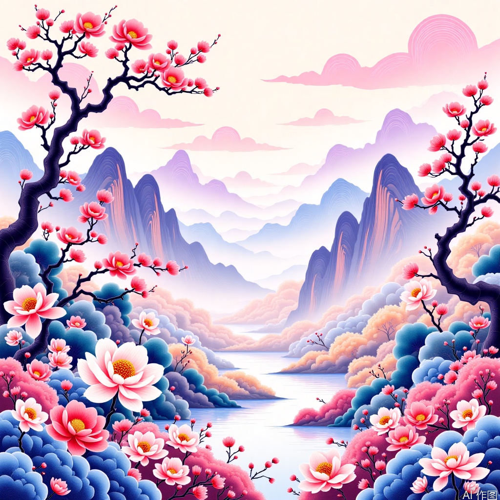 ,Chinese painting in pink main tone,Chinese painting in landscape style