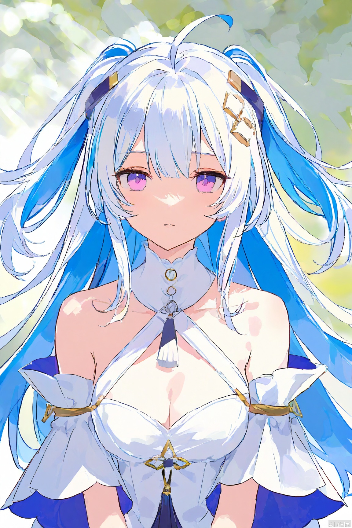 1girl, solo, long hair, breasts, looking at viewer, bangs, hair ornament, dress, cleavage, bare shoulders, medium breasts, blue hair, purple eyes, collarbone, upper body, ahoge, white hair, multicolored hair, parted lips, detached sleeves, white dress, two-tone hair, two side up, colored inner hair