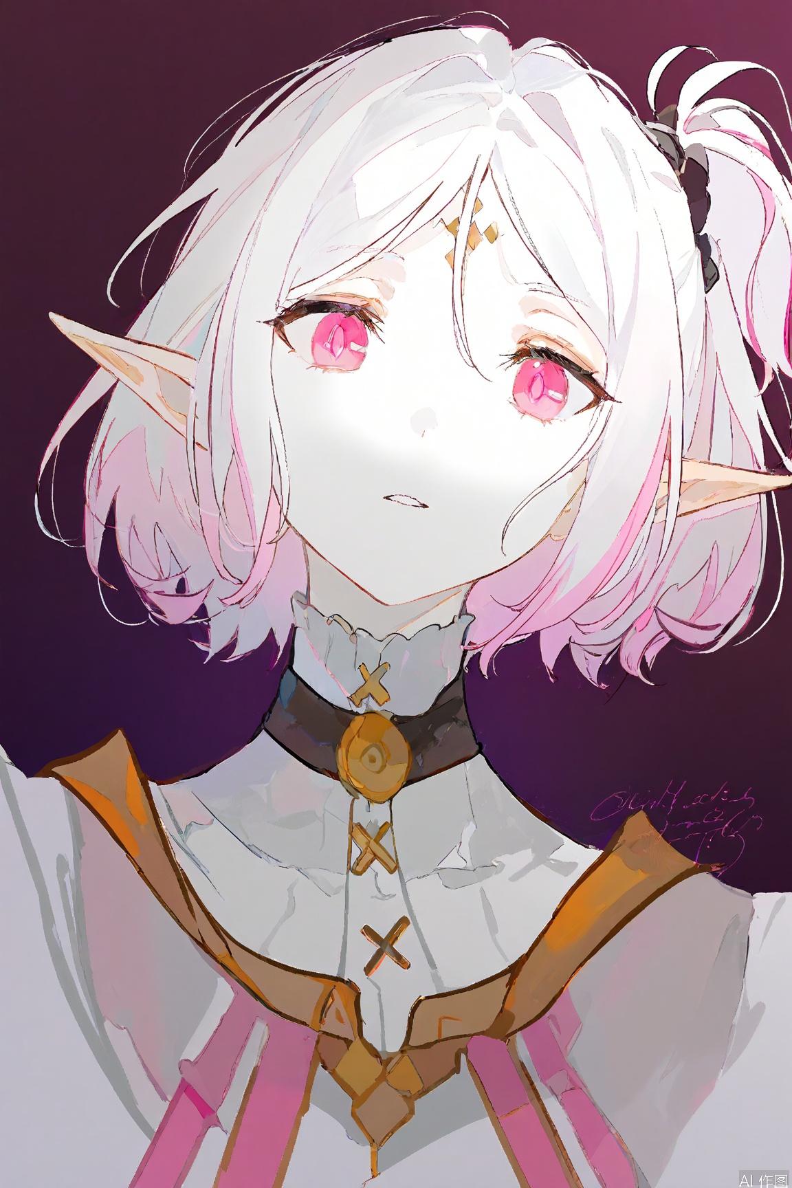 1 girl, white hair, short hair, pink eyes, elf, elf ears, side ponytail, short ponytail, pink highlights, X pupils, clear eyes,
