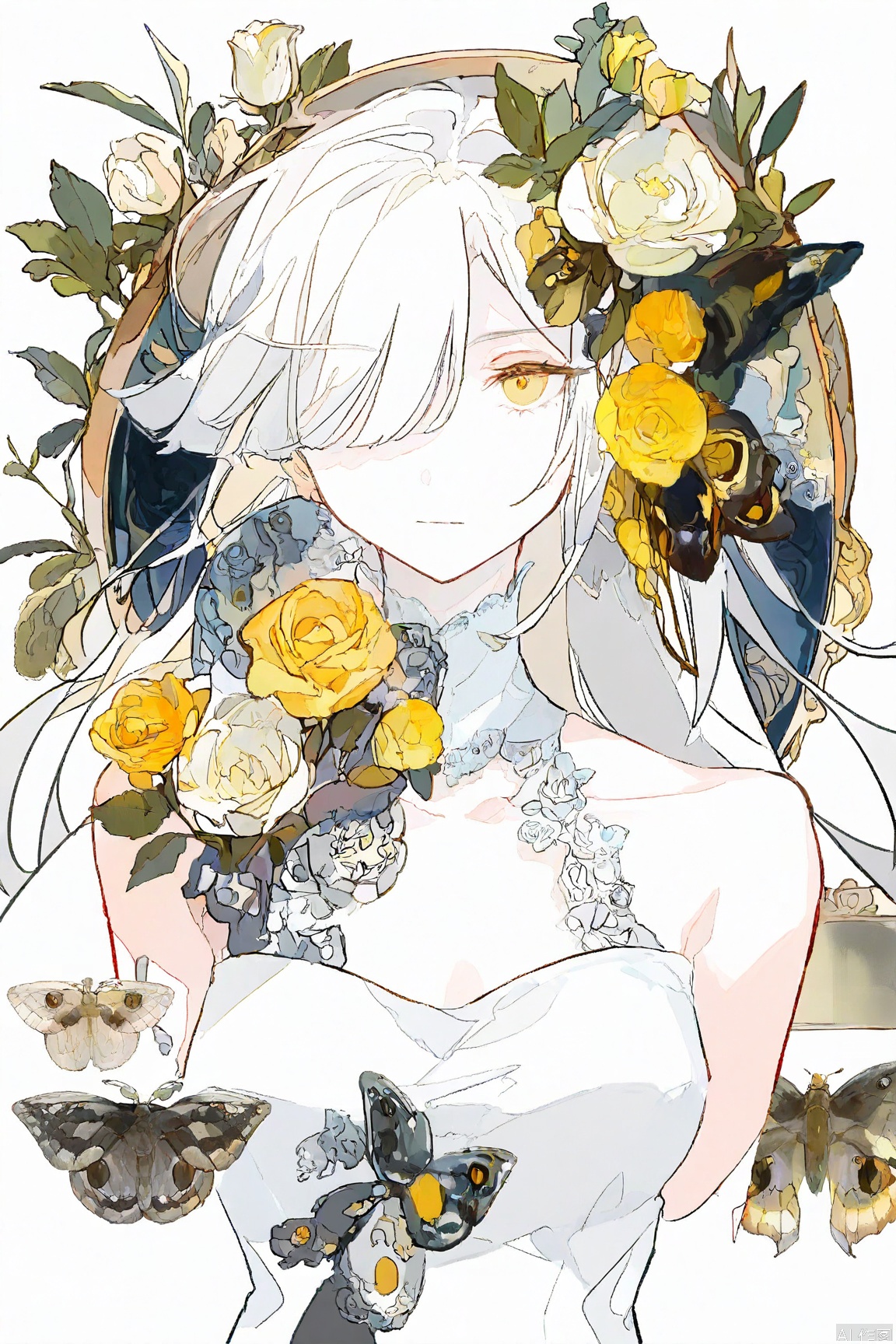 1girl, solo, long hair, breasts, looking at viewer, bangs, dress, bare shoulders, closed mouth, collarbone, yellow eyes, upper body, flower, white hair, sleeveless, hair flower, white dress, hair over one eye, rose, leaf, expressionless, bug, white flower, butterfly, yellow flower, white rose