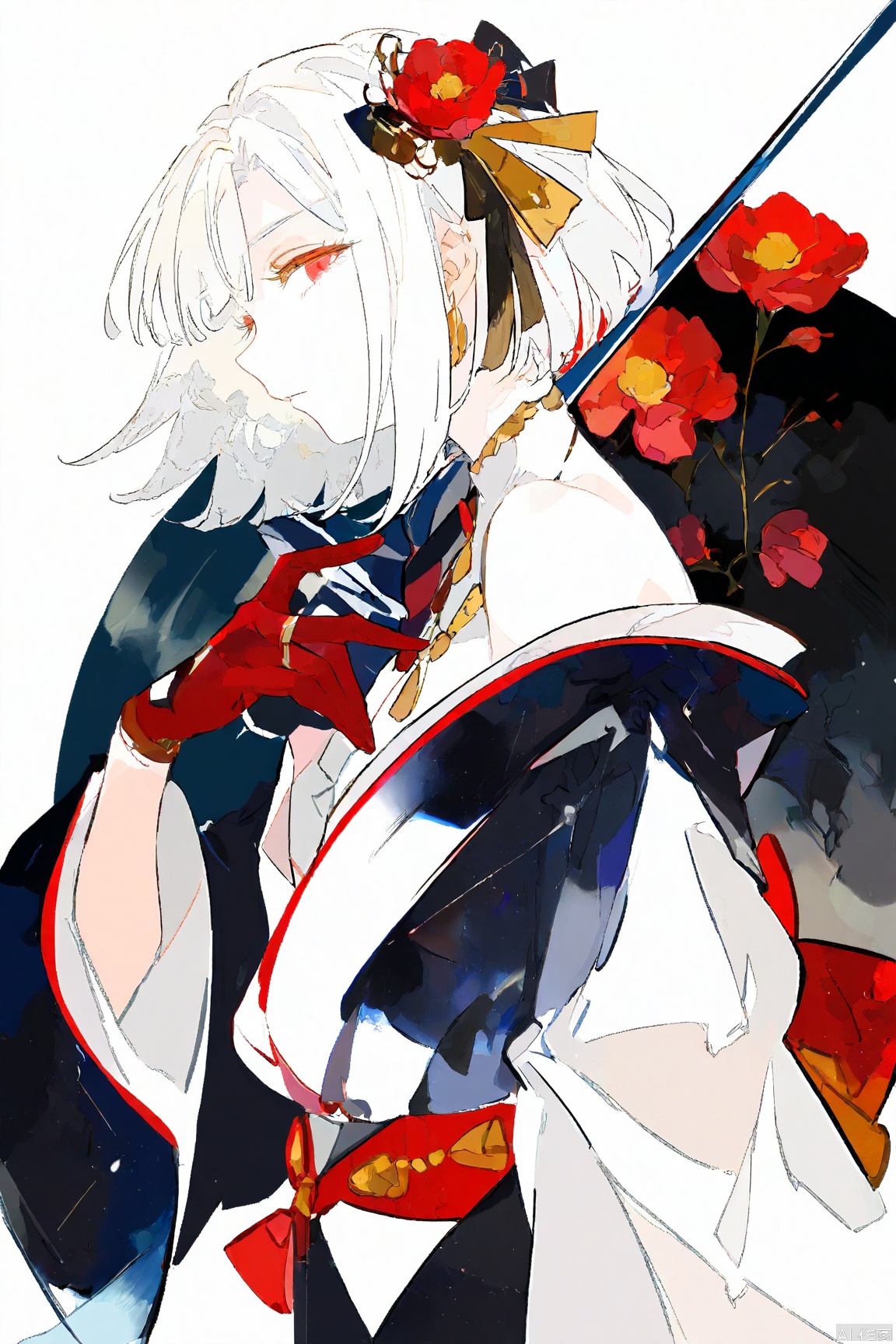 1girl,solo,looking at viewer,short hair,hair ornament,red eyes,gloves,white background,ribbon,holding,bare shoulders,jewelry,hair ribbon,upper body,weapon,flower,white hair,earrings,parted lips,japanese clothes,sword,hair flower,kimono,necklace,holding weapon,from side,sash,profile,holding sword,obi,red gloves,beads,black kimono,