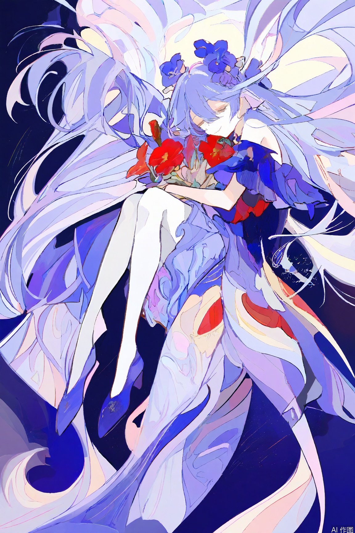 1girl

solo

long hair

looking at viewer

smile

dress

holding

hair between eyes

closed mouth

bare shoulders

very long hair

blue hair

full body

closed eyes

purple hair

flower

blue dress

red flower

holding bouquet

jellyfish

