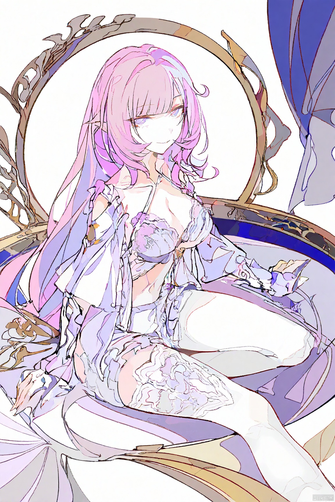 A serene watercolor-inspired illustration of Elysia from Honkai Impact, posed solo in a bedroom setting. Soft light casts gentle shadows on her porcelain skin, highlighting the transparent frills and delicate lace bra. Her long hair cascades down her back, as she gazes directly at the viewer with an alluring expression. The white background serves as a subtle contrast to her radiant, shiny skin. The trough-shaped bedframe and candelabras add ornate details, while the rhasta-inspired patterns on her clothing hint at her adventurous spirit. This masterpiece is rendered in high-definition, showcasing Elysia's sensitive beauty with exquisite precision.