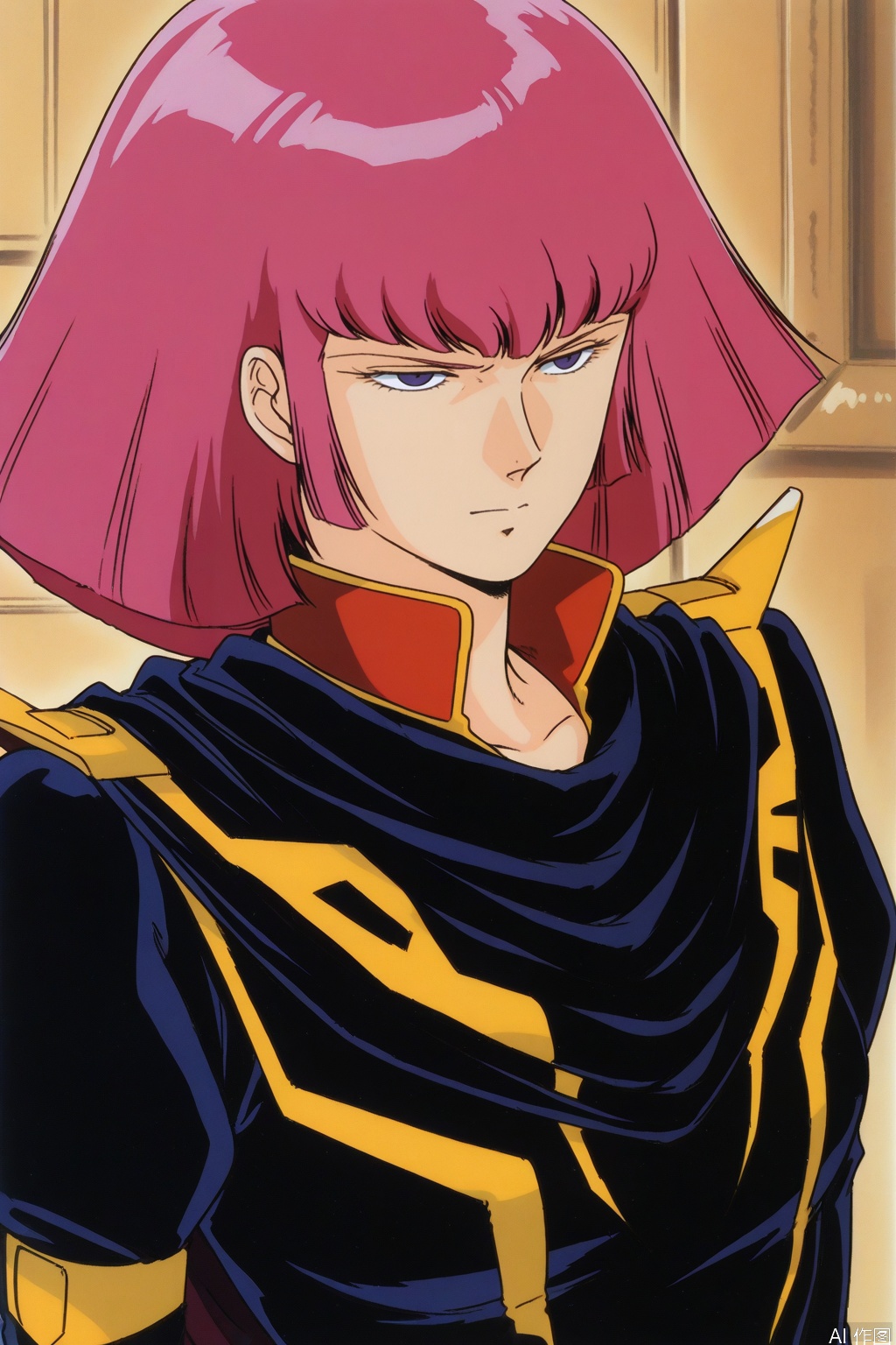 Haman Karn,Z_GUNDAM_STYLE,pink hair,short hair,purple eyes,bangs,