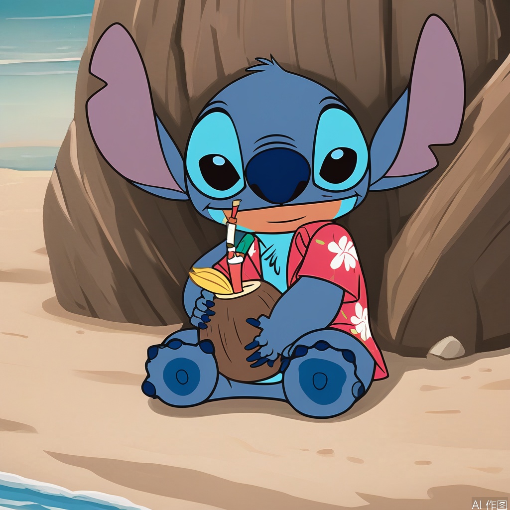 disney_stitch wearing a hawaiian shirt, sitting on a sandy beach with coconut trees, holding seashells, soft daylight
