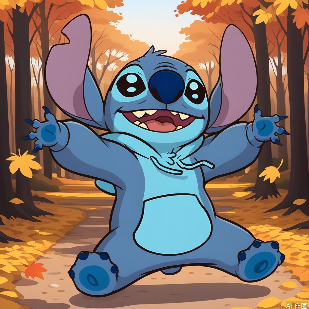 disney_stitch in a furry hoodie jumping through autumn leaves, cozy forest path, golden hour lighting
