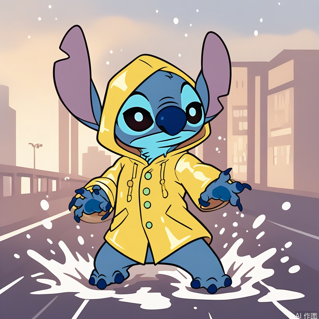 disney_stitch dressed in yellow raincoat splashing puddles, urban street with colorful umbrellas, soft rain particles