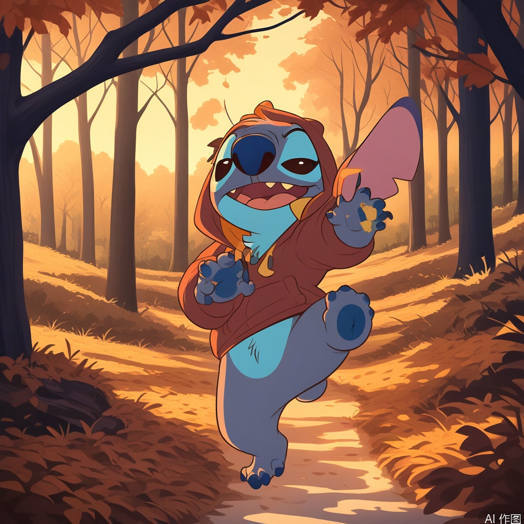 disney_stitch in a furry hoodie jumping through autumn leaves, cozy forest path, golden hour lighting
