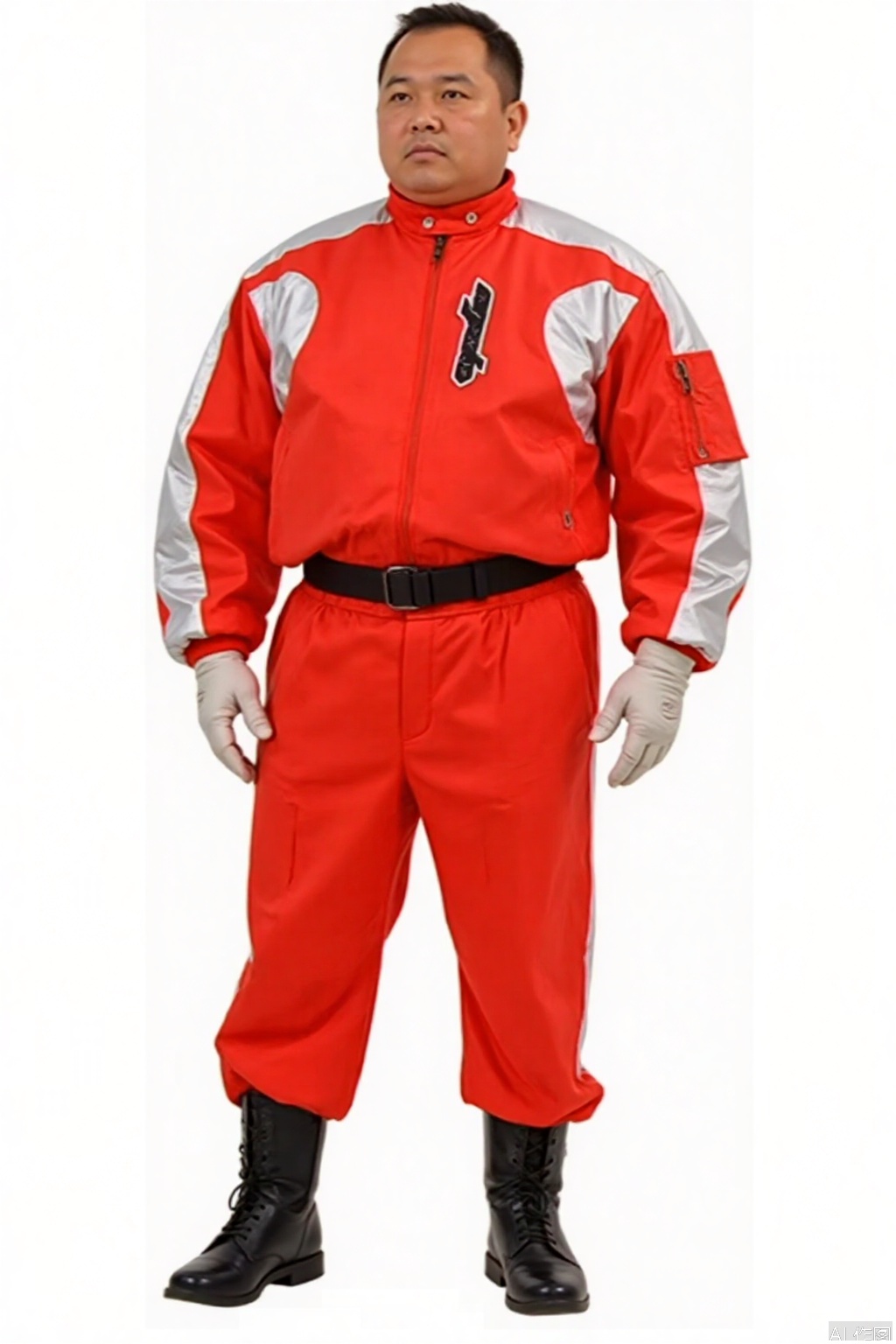 MYDO,red jacket,collar,belt,logo,uniform,jacket,gloves,boots,emblem,pants,white gloves,black footwear,red jacket with white line