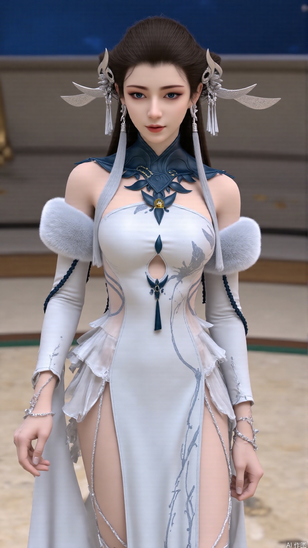 masterpiece,best quality,1girl, solo, blue eyes, hair ornament, earrings, jewelry, brown hair, bare shoulders, white dress, cowboy shot, dynamic pose, dynamic angle,