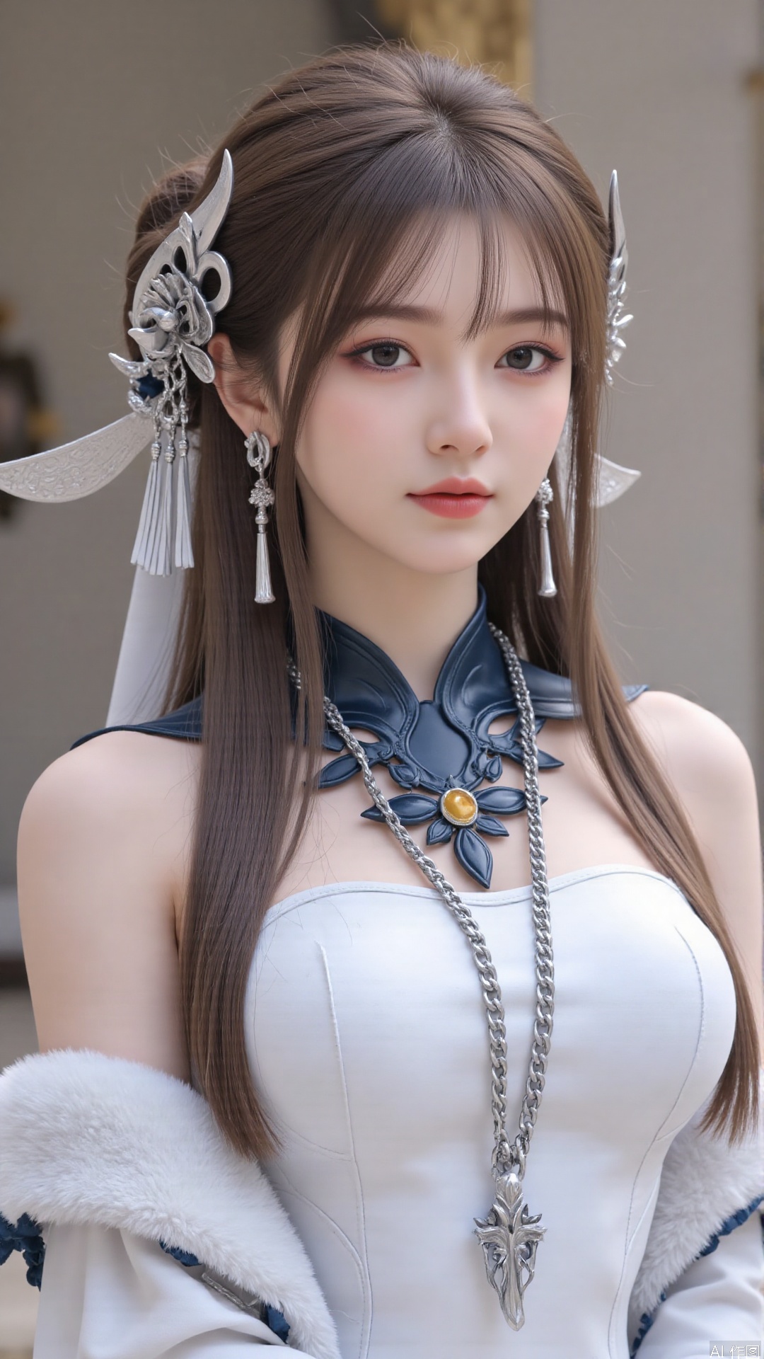 masterpiece,best quality,1girl, solo, blue eyes, hair ornament, earrings, jewelry, brown hair, bare shoulders, white dress, cowboy shot, dynamic pose, dynamic angle,