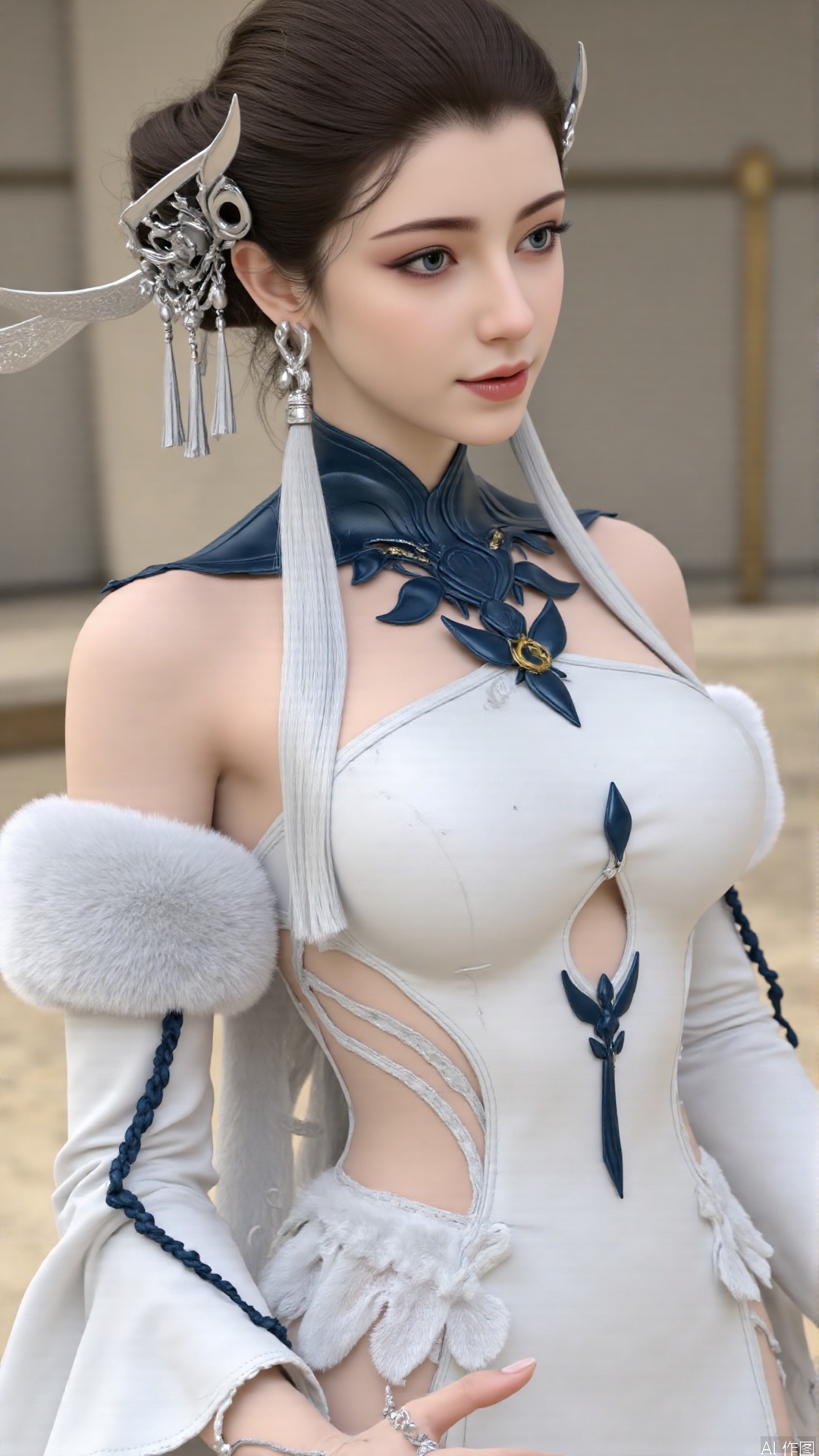 masterpiece,best quality,1girl, solo, blue eyes, hair ornament, earrings, jewelry, brown hair, bare shoulders, white dress, cowboy shot, dynamic pose, dynamic angle,