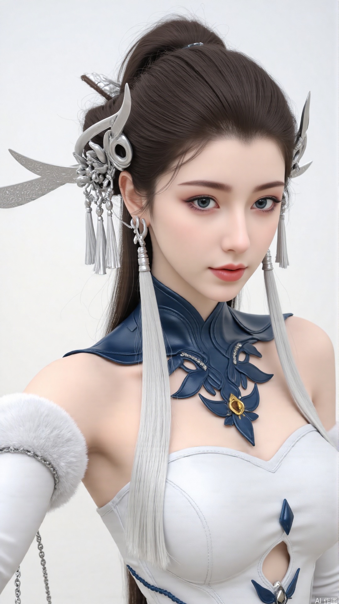 masterpiece,best quality,1girl, solo, blue eyes, hair ornament, earrings, jewelry, brown hair, bare shoulders, white dress, cowboy shot, dynamic pose, dynamic angle,