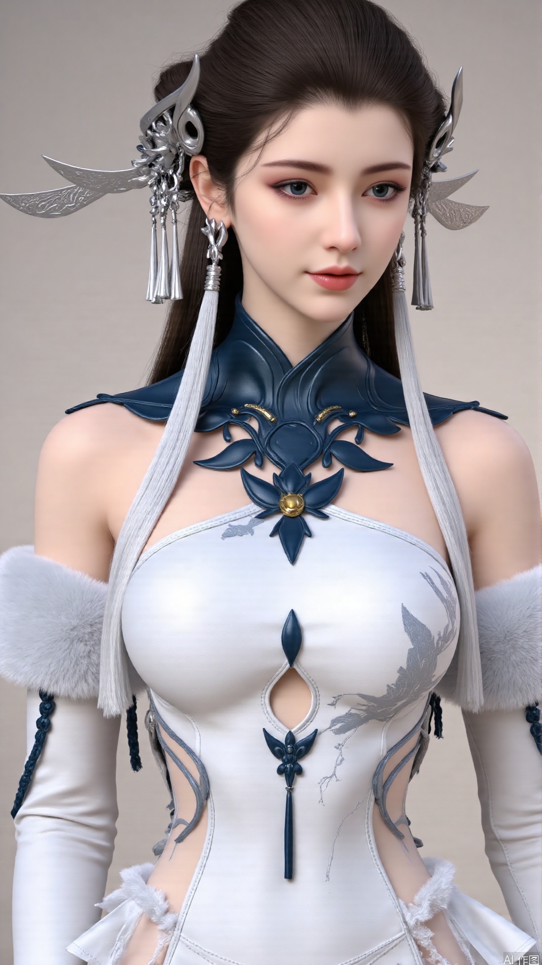 masterpiece,best quality,1girl, solo, blue eyes, hair ornament, earrings, jewelry, brown hair, bare shoulders, white dress, cowboy shot, dynamic pose, dynamic angle,