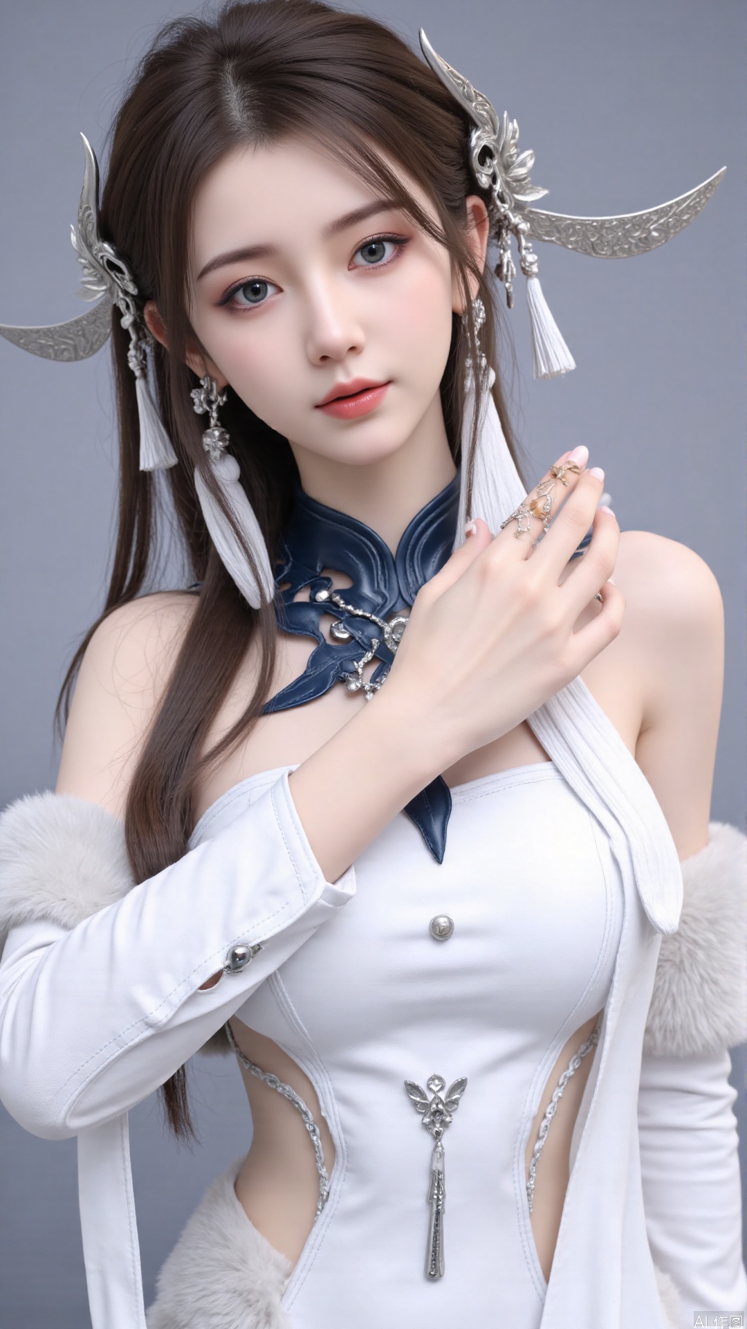 masterpiece,best quality,1girl, solo, blue eyes, hair ornament, earrings, jewelry, brown hair, bare shoulders, white dress, cowboy shot, dynamic pose, dynamic angle,