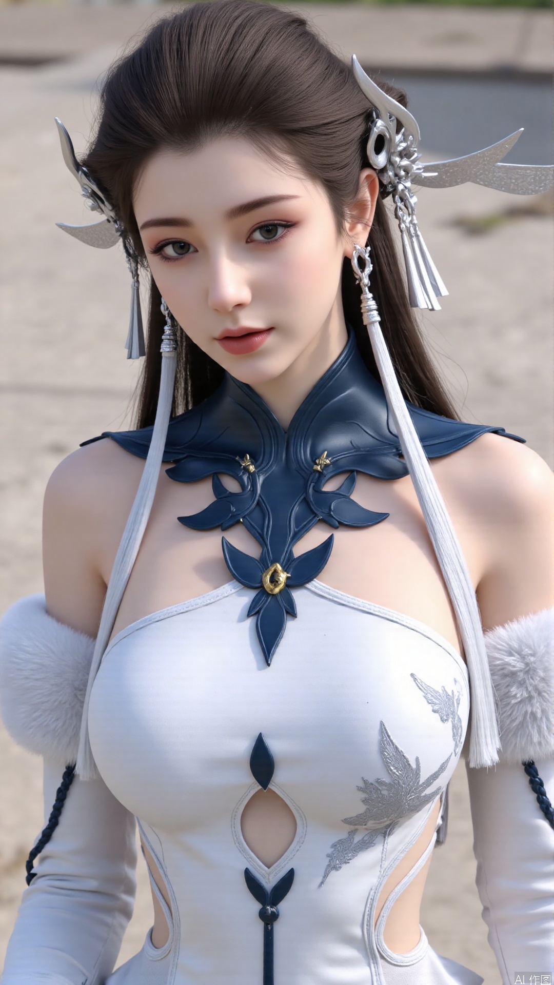 masterpiece,best quality,1girl, solo, blue eyes, hair ornament, earrings, jewelry, brown hair, bare shoulders, white dress, cowboy shot, dynamic pose, dynamic angle,